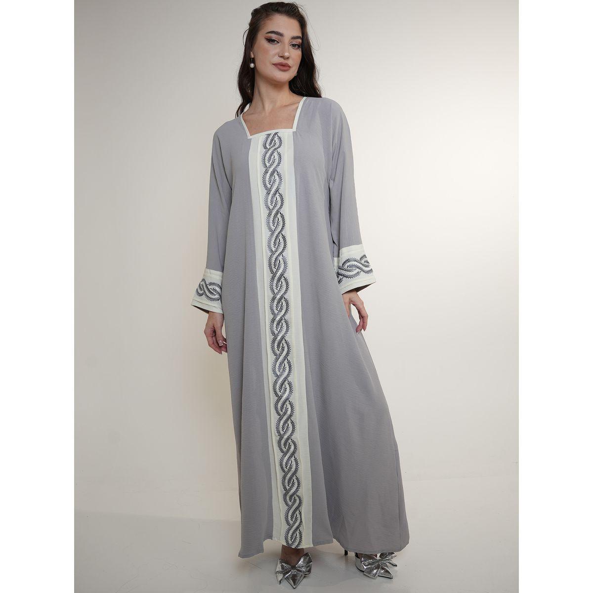 Elena by DStyle X Styli  Contrast Embroidery Panel Square Neck Jalabiya-women-arabicclothing-jalabiyas-image-1