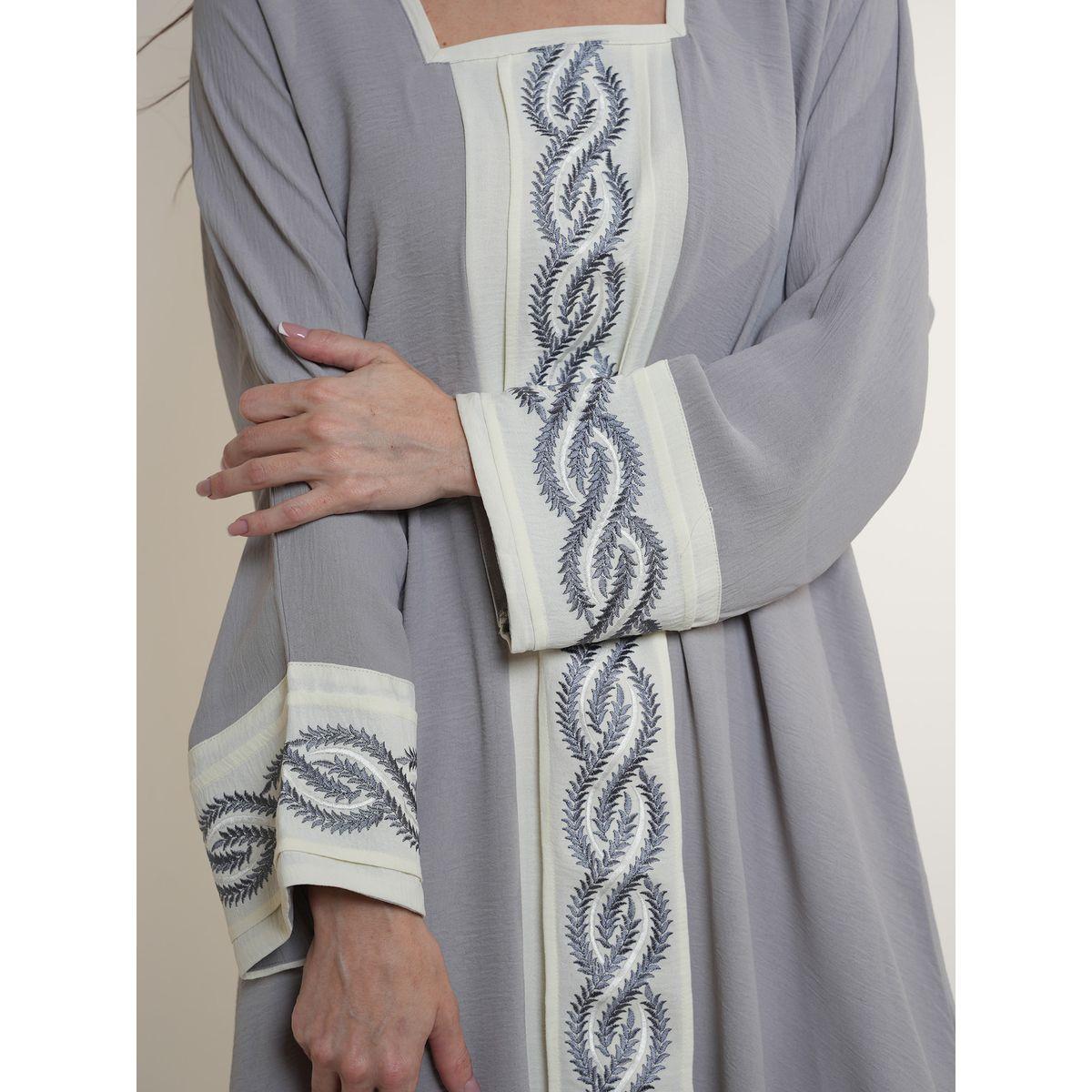 Elena by DStyle X Styli  Contrast Embroidery Panel Square Neck Jalabiya-women-arabicclothing-jalabiyas-image-3