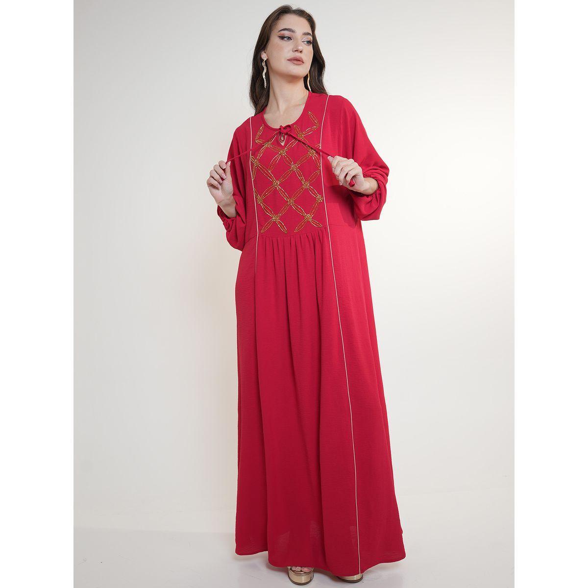 Elena by DStyle X Styli  Tie-Up Neck Jalabiya with Beaded Handwork-women-arabicclothing-jalabiyas-image-1