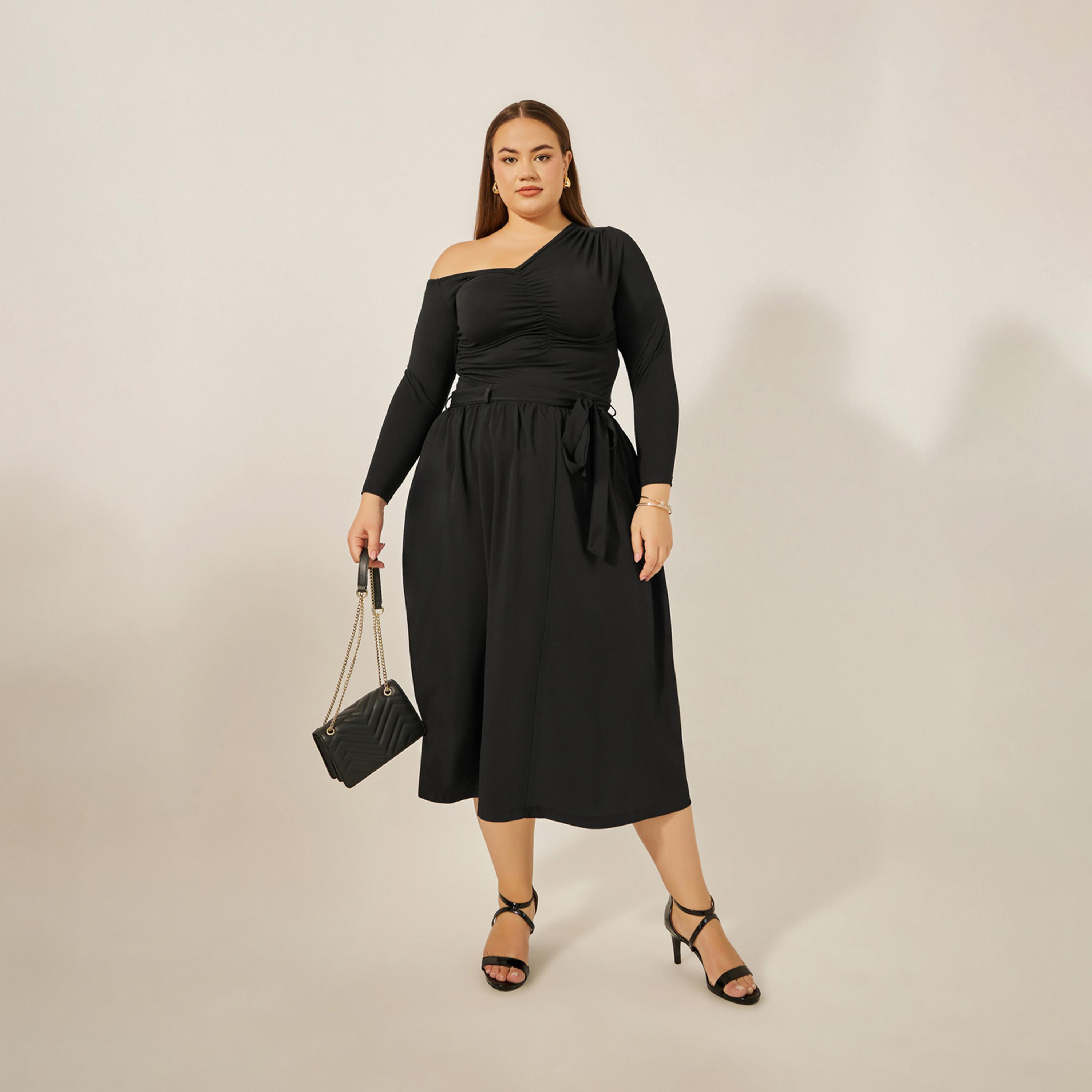 ستايلي - تنورة ميدي بمقاس كبير بتفاصيل مجمعة مع حزام برباط-women-clothing-bottoms-skirts-image-1