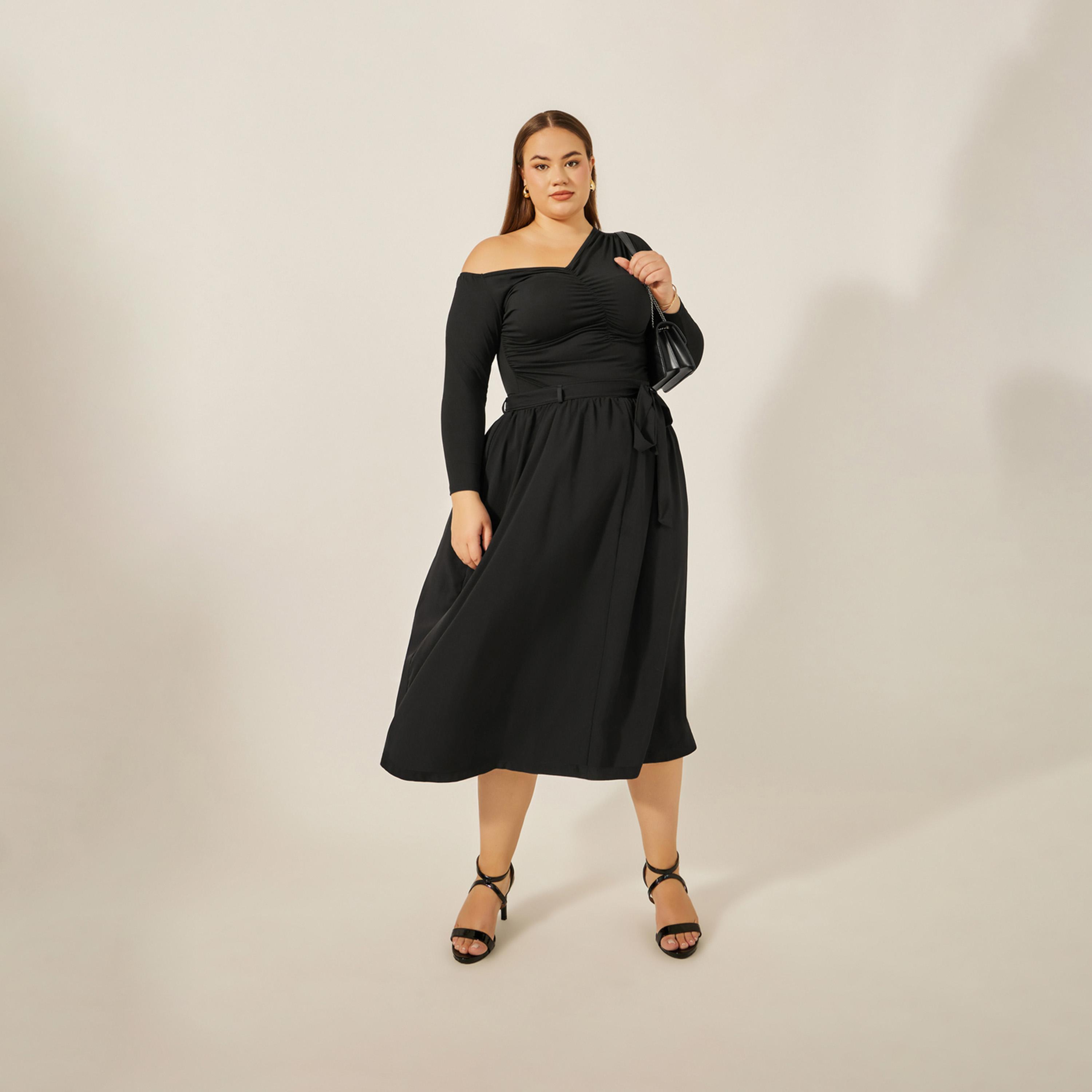 Styli Plus Size Gathered Detail Midi Skirt with Tie-Up Belt Detail-women-clothing-bottoms-skirts-image-2