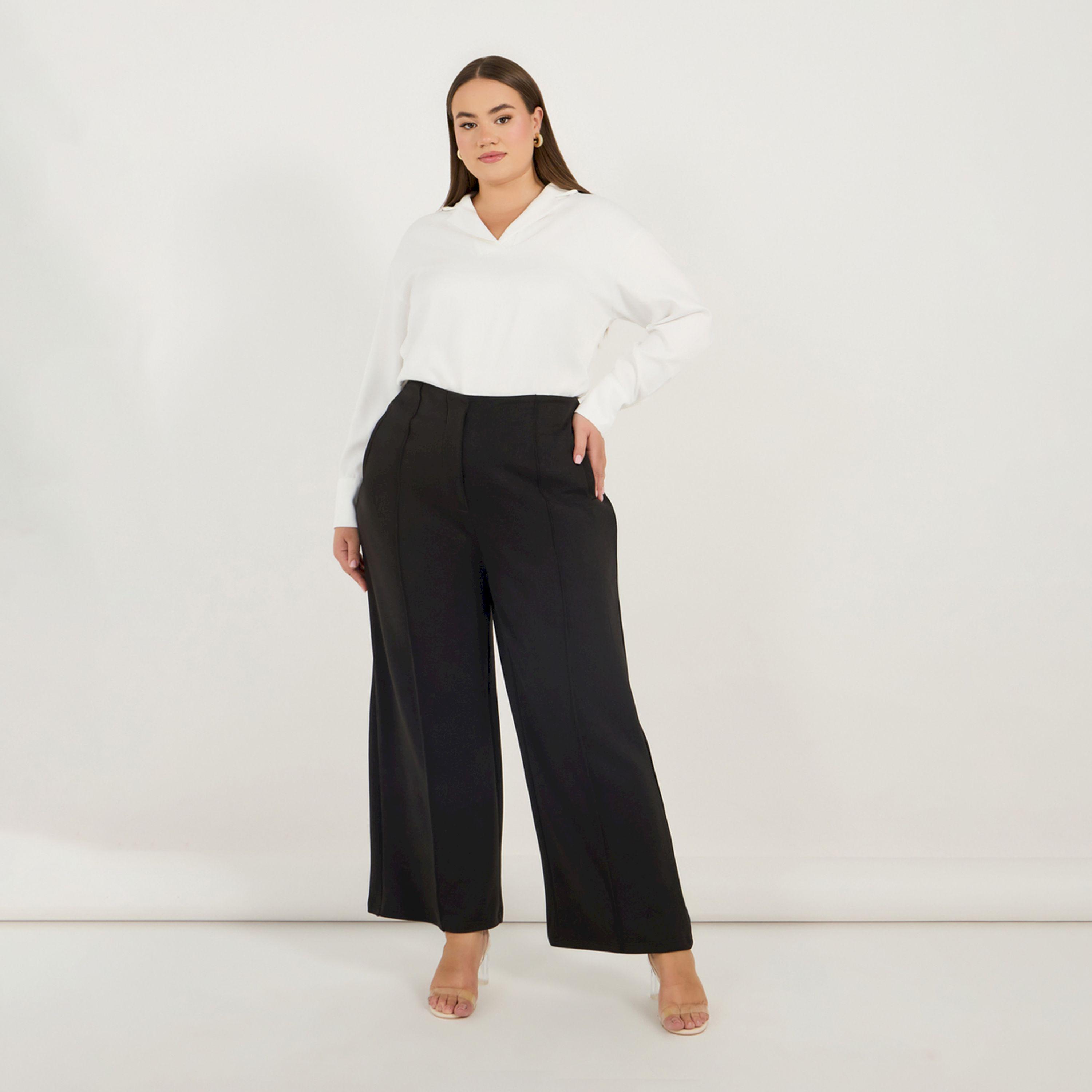 Styli Plus Size Solid Wide Leg Pants with Pintuck Detail-women-clothing-bottoms-trousers-image-1