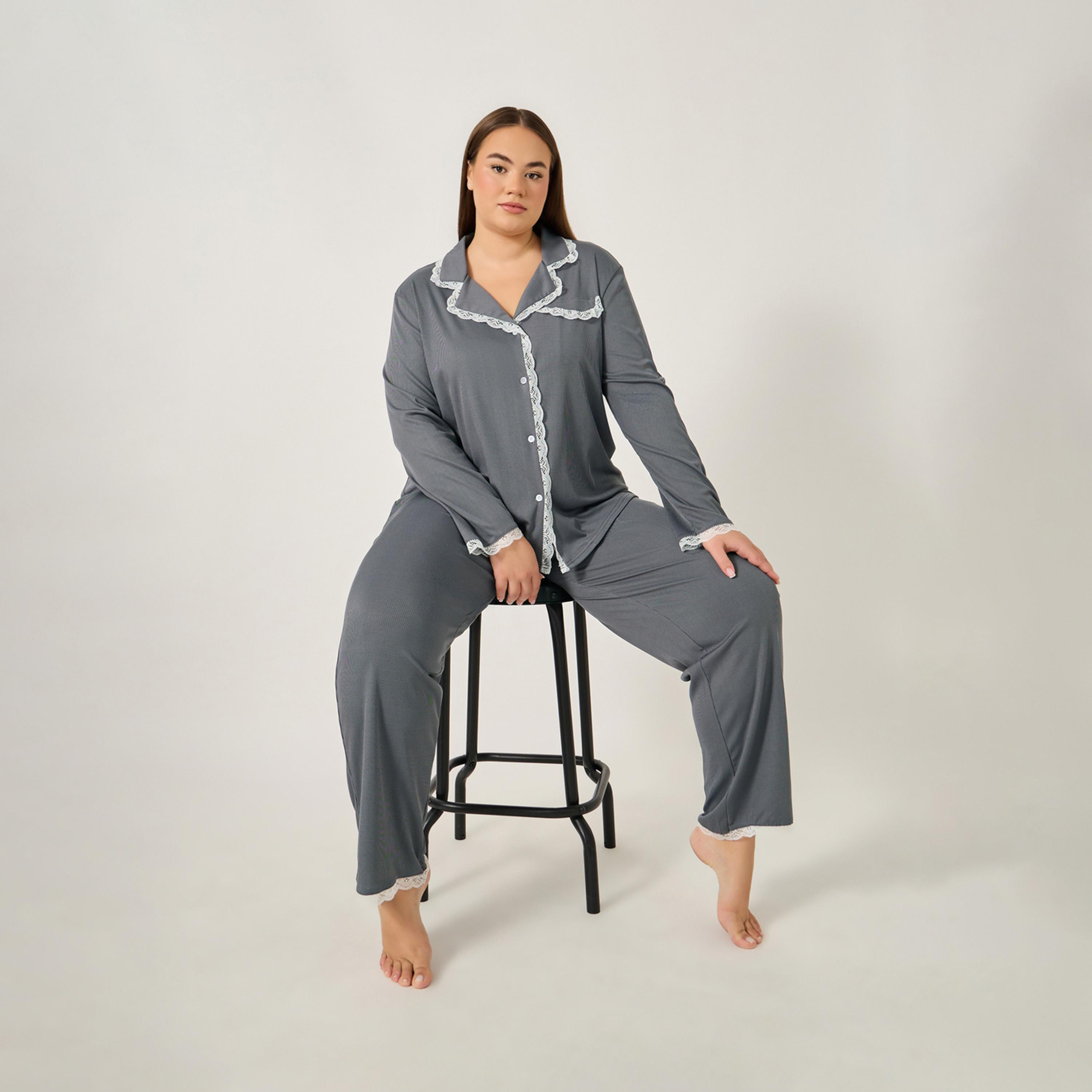 Styli Plus Size Rib Knit Lace Trim Shirt And Pyjama Set-women-clothing-nightwear-pyjamas-longsets-image-1