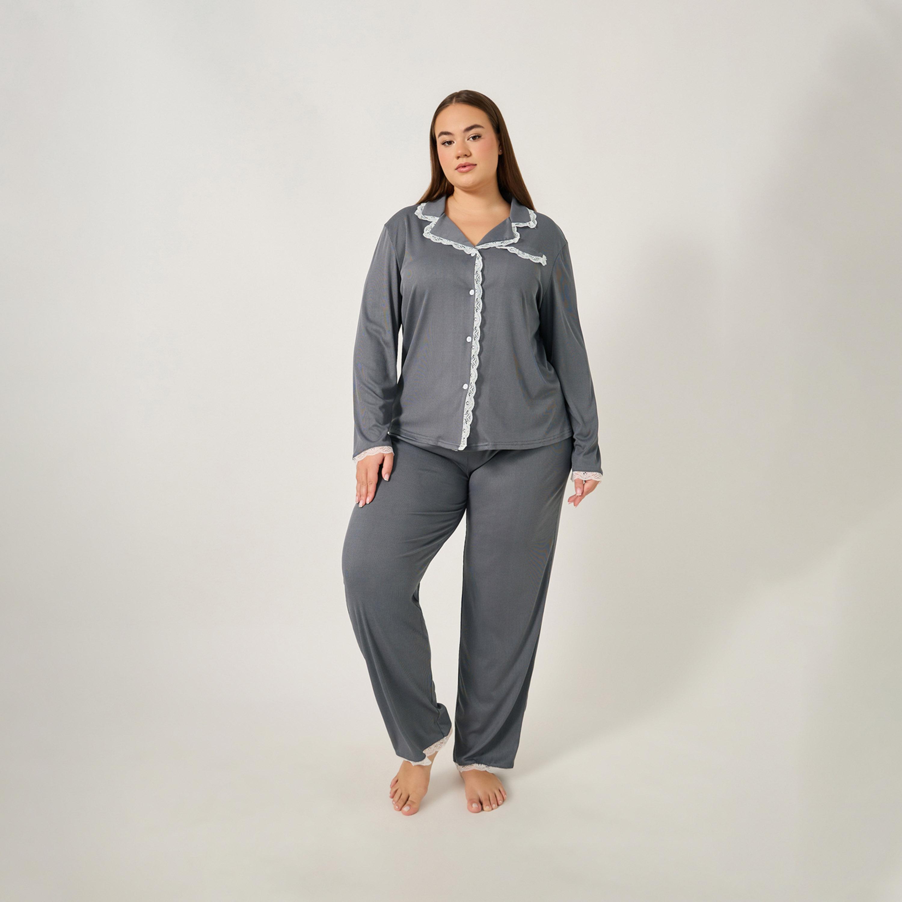 Styli Plus Size Rib Knit Lace Trim Shirt And Pyjama Set-women-clothing-nightwear-pyjamas-longsets-image-2