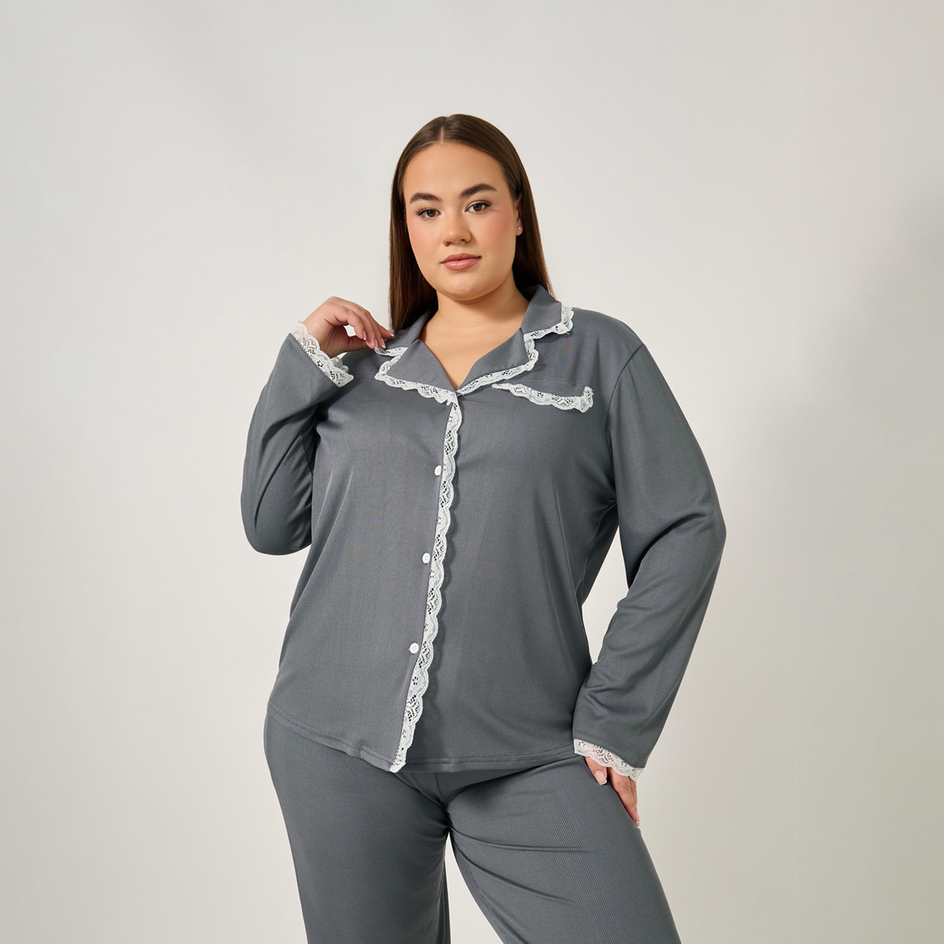 Styli Plus Size Rib Knit Lace Trim Shirt And Pyjama Set-women-clothing-nightwear-pyjamas-longsets-image-3