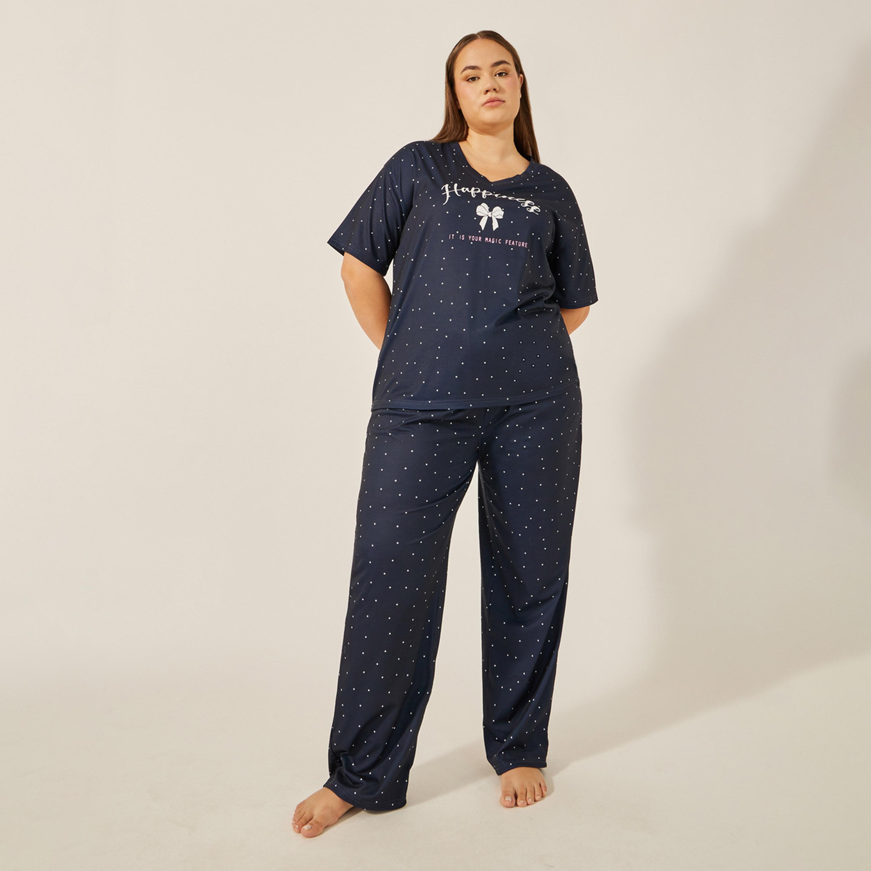 Styli Unwind V Neck Drop Shoulder Slogan And Aop Tee And Pj Set-women-clothing-nightwear-pyjamas-longsets-image-2