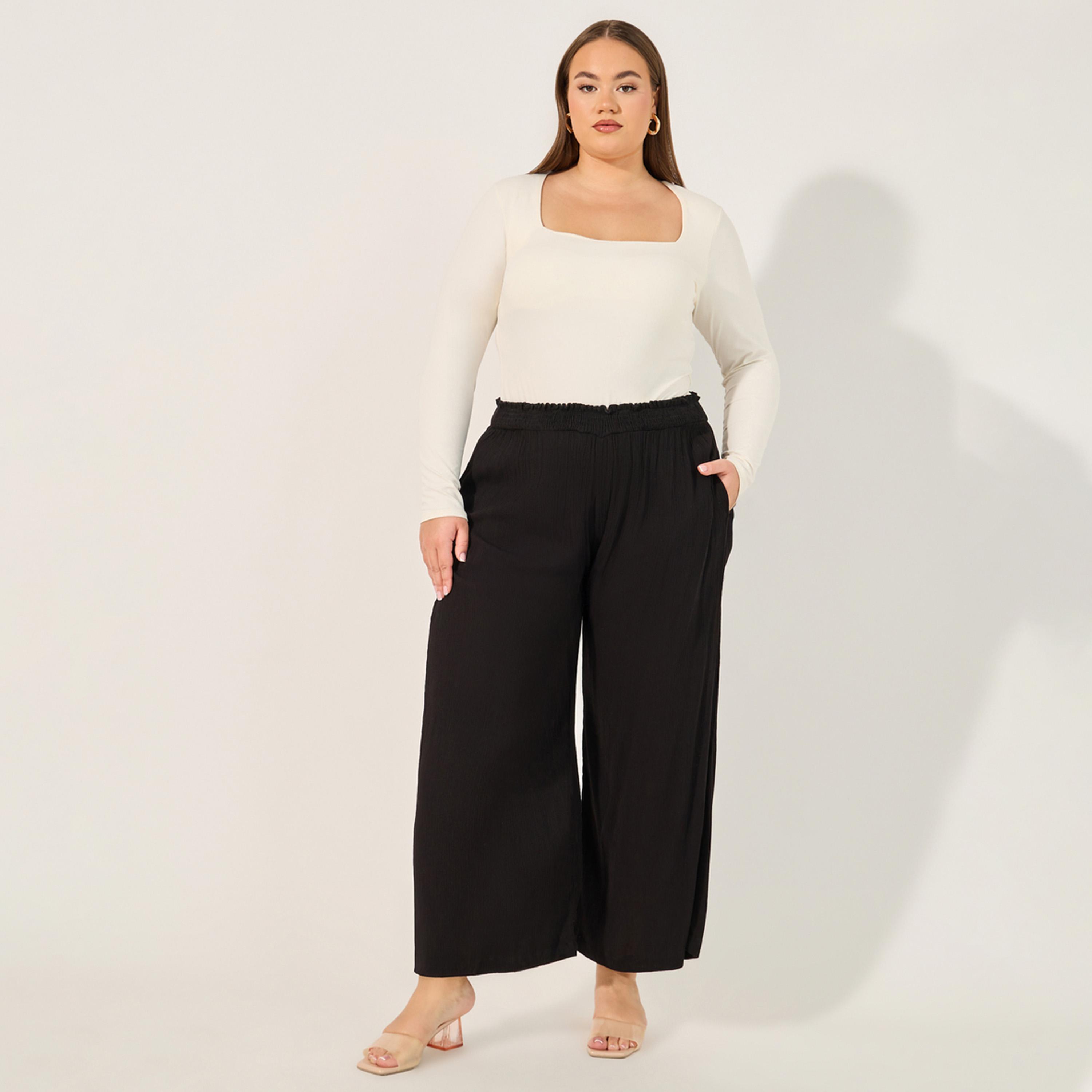 Styli Plus Size Solid Crinkled Wide Leg Ankle Length Pants-women-clothing-bottoms-trousers-image-1