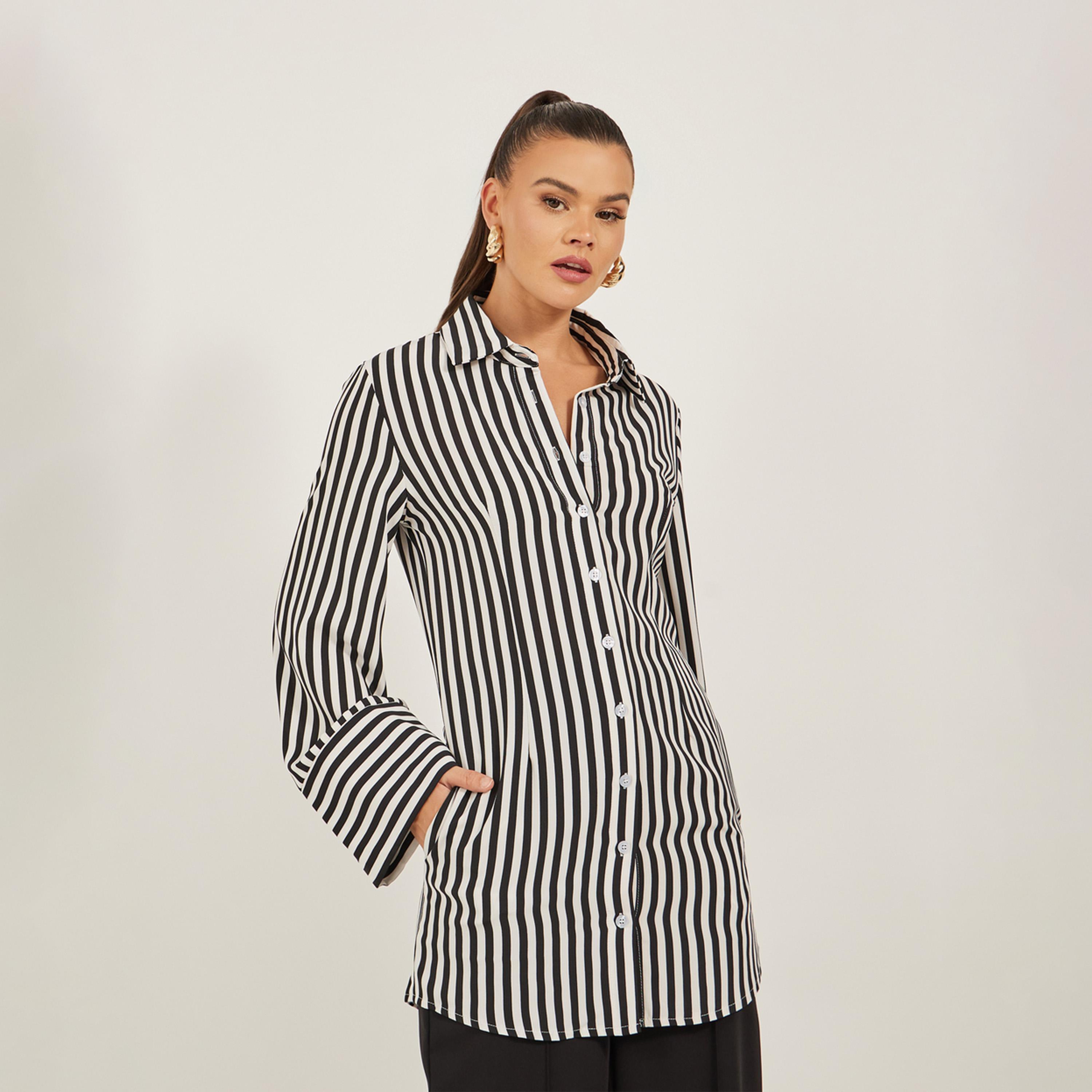 بلوزة مخططة بقصة عادية وأكمام طويلة-women-clothing-dresses-image-3