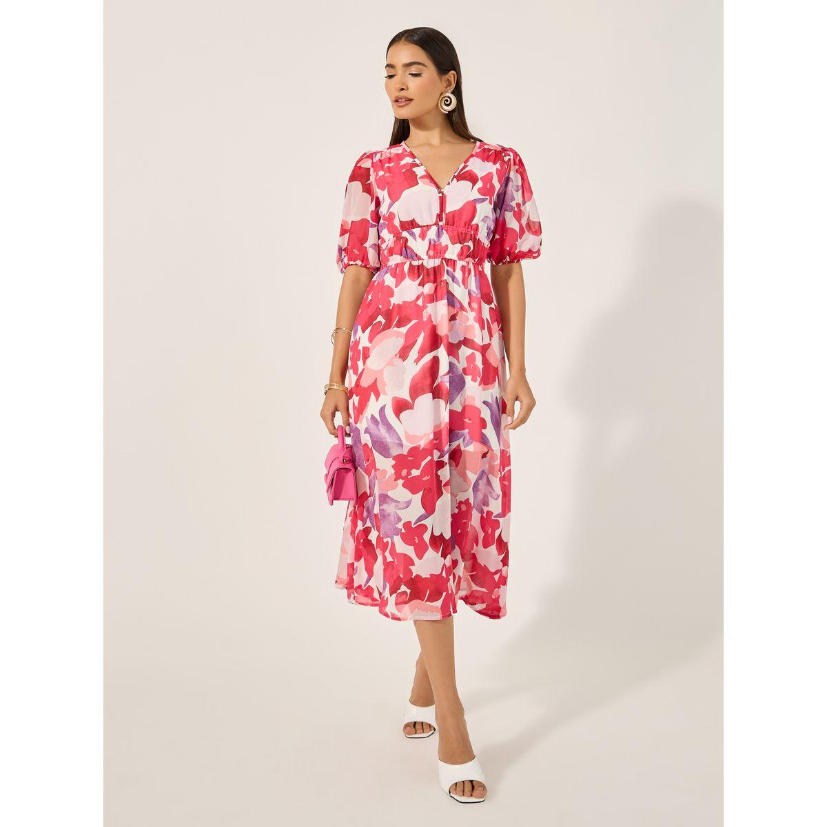 فستان ميدي مطبع بالكامل بأكمام منفوخة-women-clothing-dresses-image-1