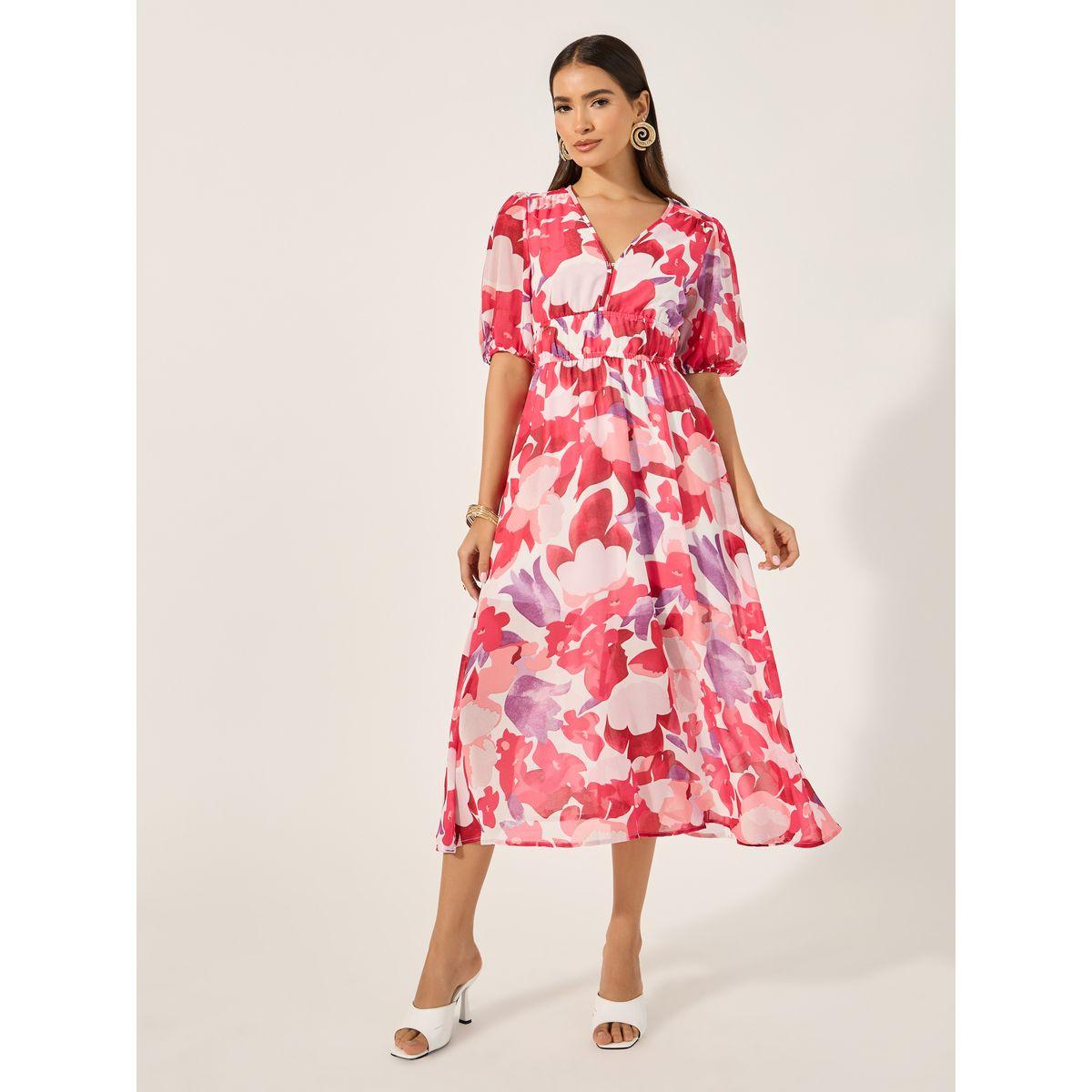 فستان ميدي مطبع بالكامل بأكمام منفوخة-women-clothing-dresses-image-2