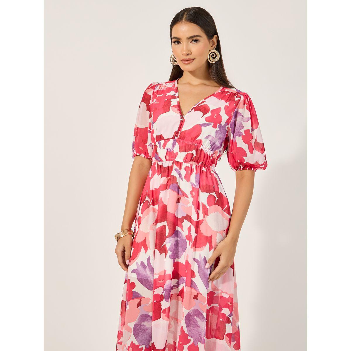 فستان ميدي مطبع بالكامل بأكمام منفوخة-women-clothing-dresses-image-3