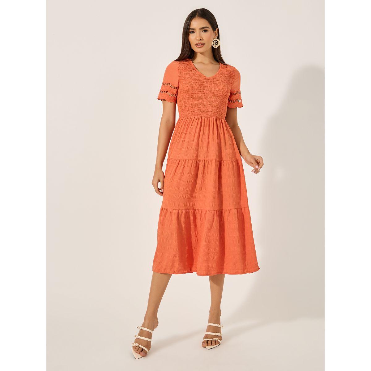 Styli Texture Smocking Detail Tiered Midi Dress-women-clothing-dresses-image-1