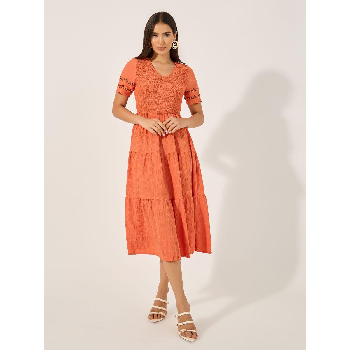 Styli Texture Smocking Detail Tiered Midi Dress-women-clothing-dresses-image-2