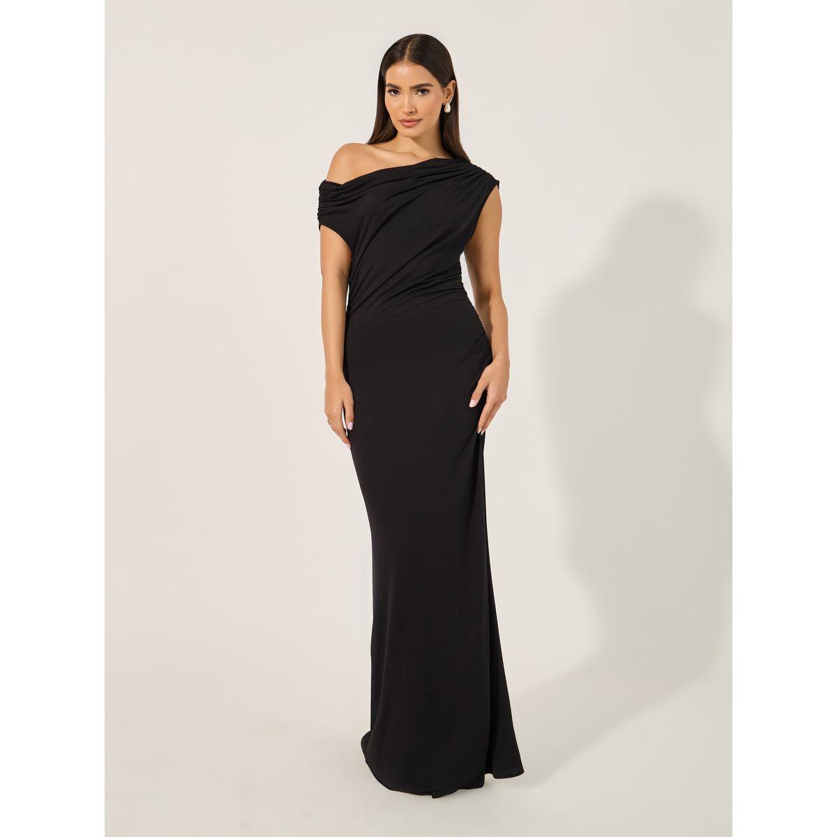 فستان طويل ضيق بتفاصيل كتف واحد-women-clothing-dresses-image-1