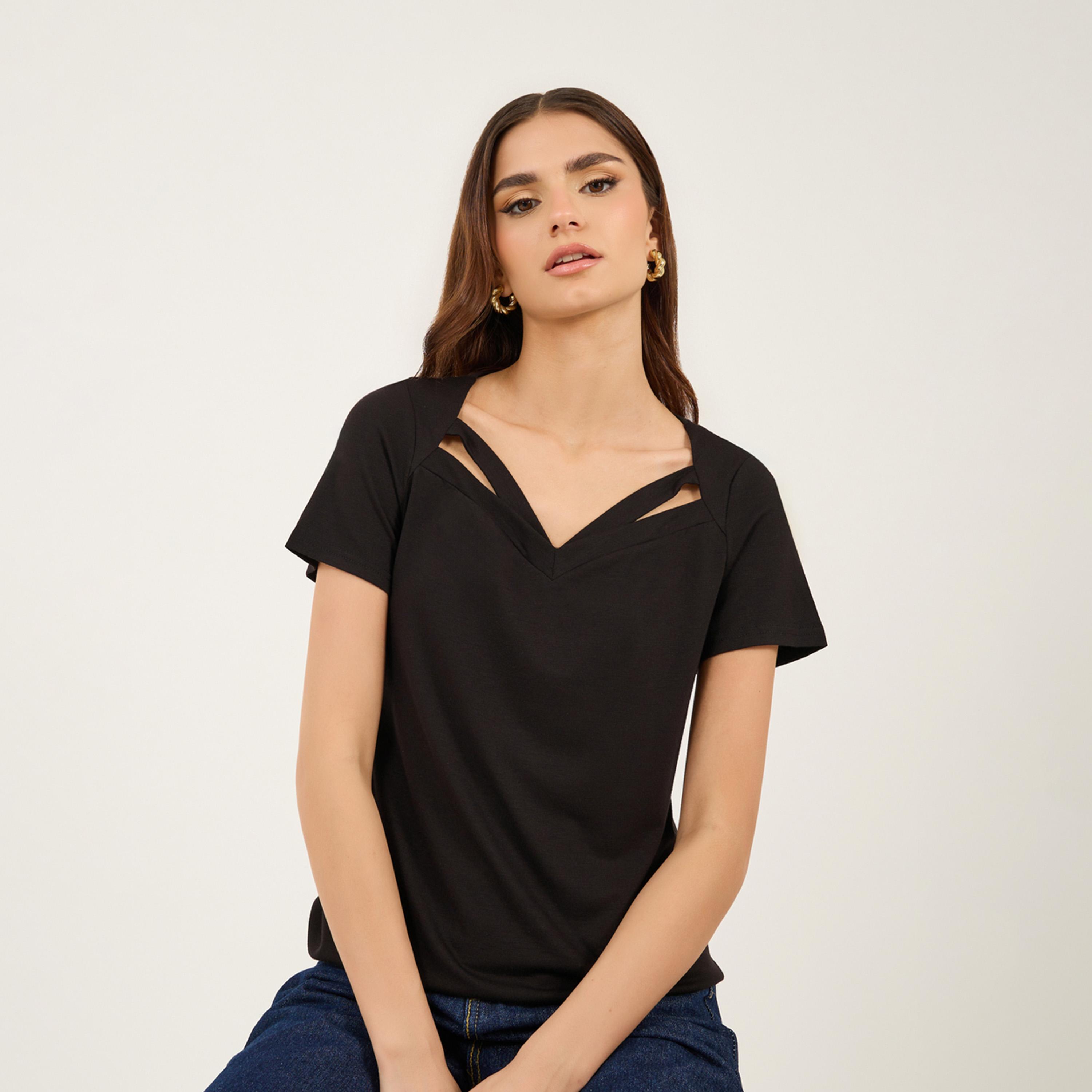 Take Two Solid Regular Fit T-Shirt with Cut-Out Detail-women-clothing-tshirts-image-1