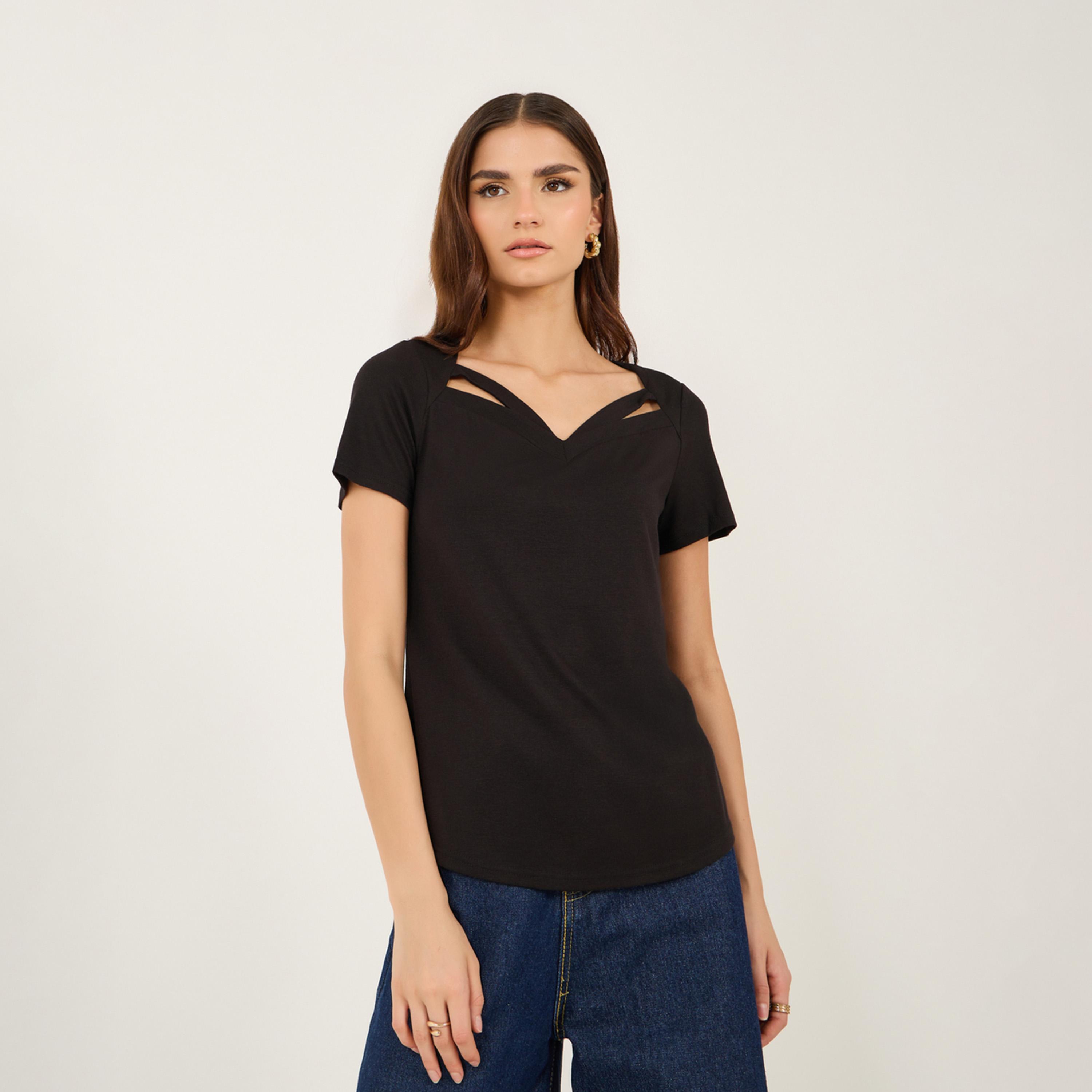 Take Two Solid Regular Fit T-Shirt with Cut-Out Detail-women-clothing-tshirts-image-2
