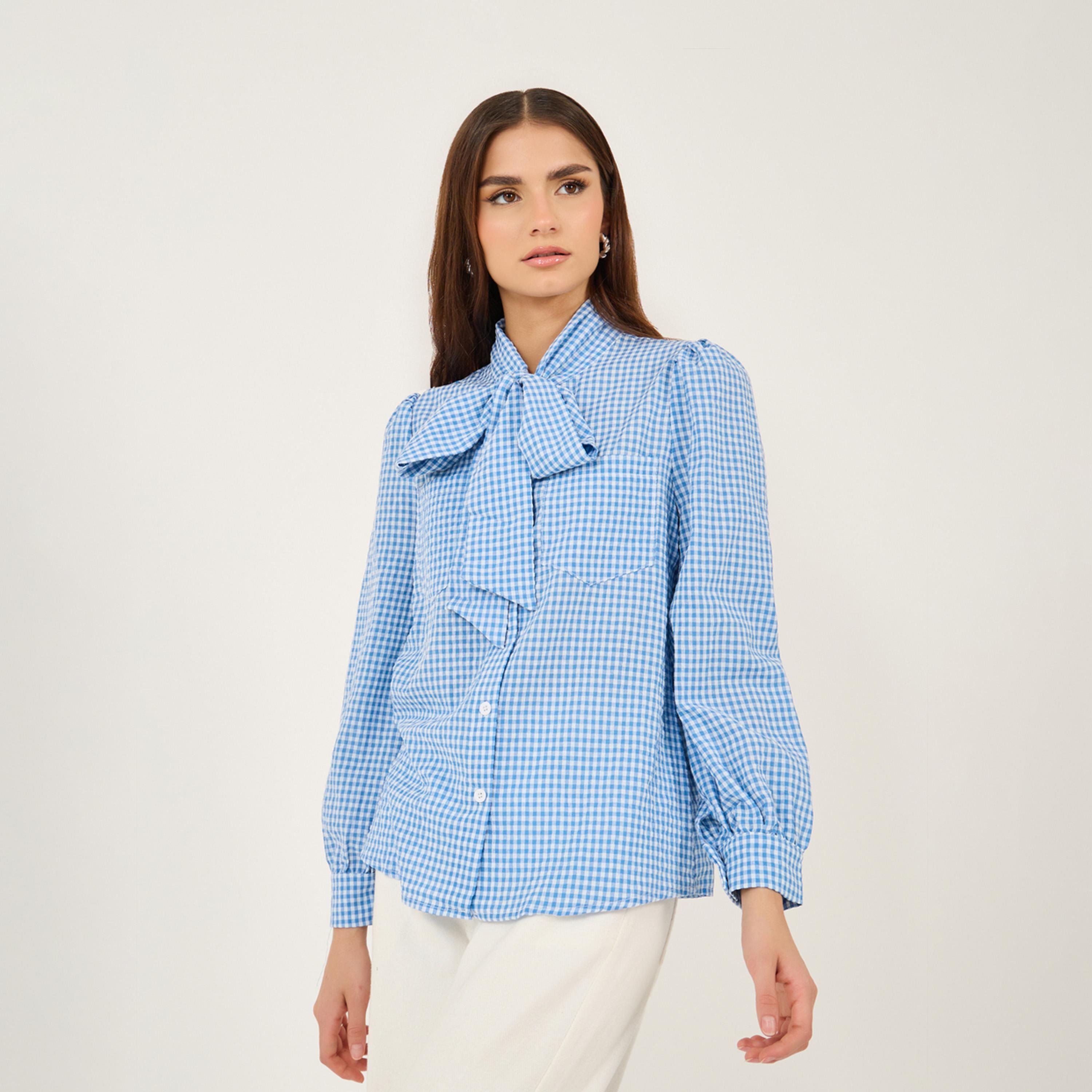 بلوزة بقصة عادية بطبعة مربعات جينجهام-women-clothing-shirtsandblouses-shirts-image-1