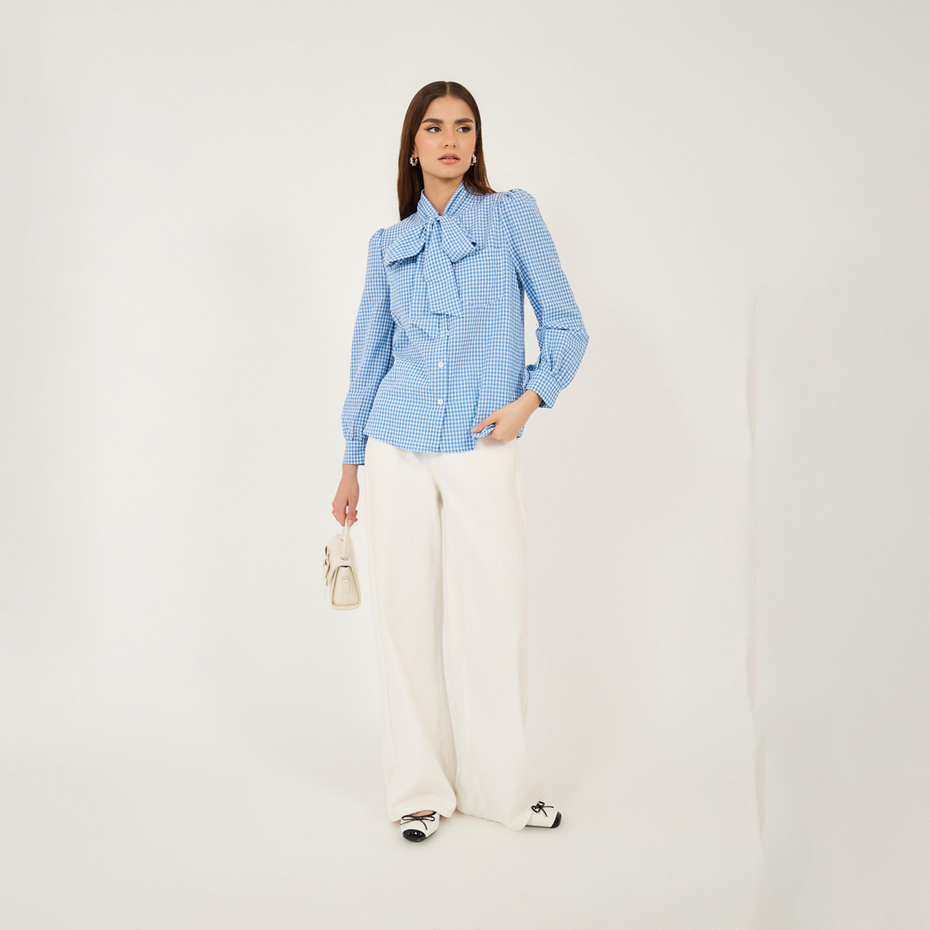 Take Two Gingham Print Checked Print Regular Fit Shirt with Tie-Up Neck-women-clothing-shirtsandblouses-shirts-image-2