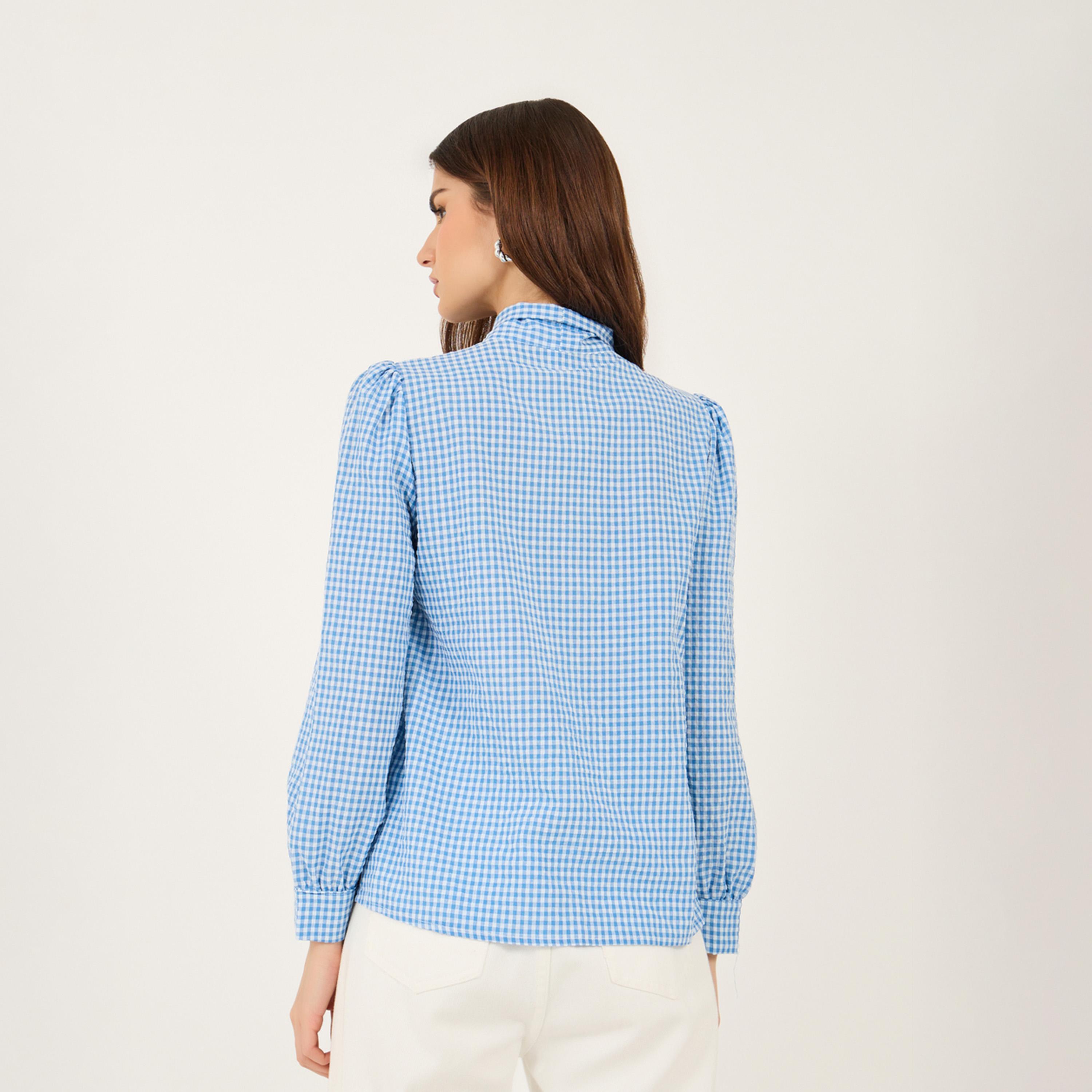 Take Two Gingham Print Checked Print Regular Fit Shirt with Tie-Up Neck-women-clothing-shirtsandblouses-shirts-image-4