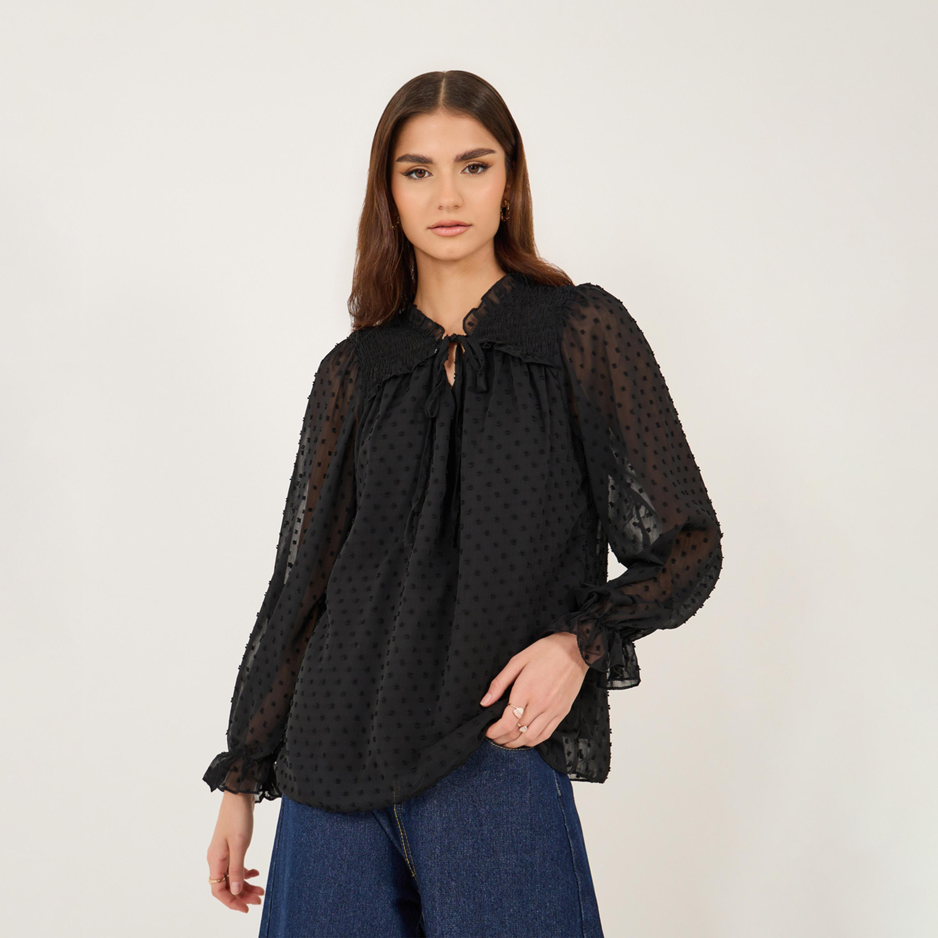 بلوزة بتفاصيل بارزة الملمس مع أكمام بالون-women-clothing-shirtsandblouses-blouses-image-1
