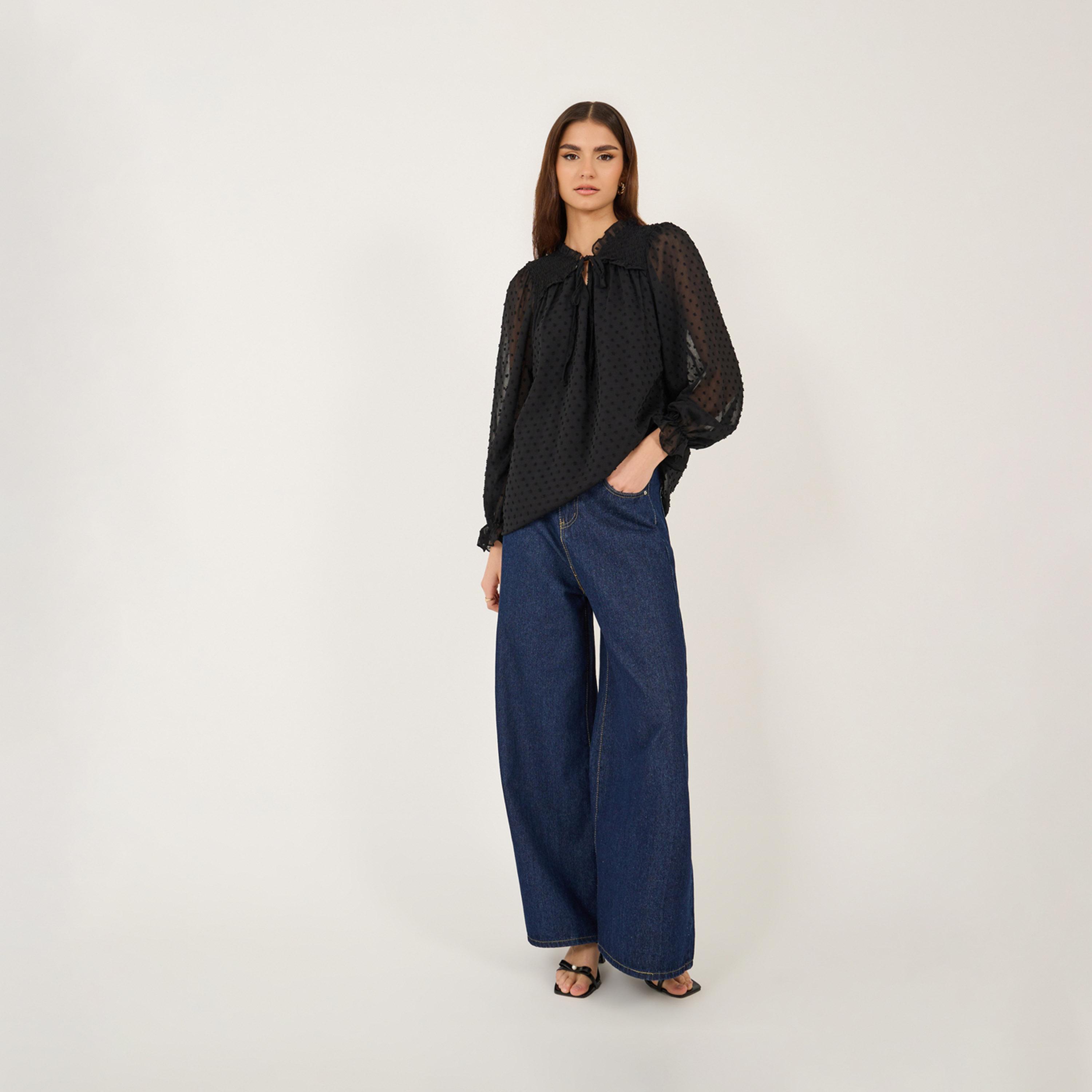 Take Two Textured Dobby Balloon Sleeve Top with Tie Up Neck-women-clothing-shirtsandblouses-blouses-image-2