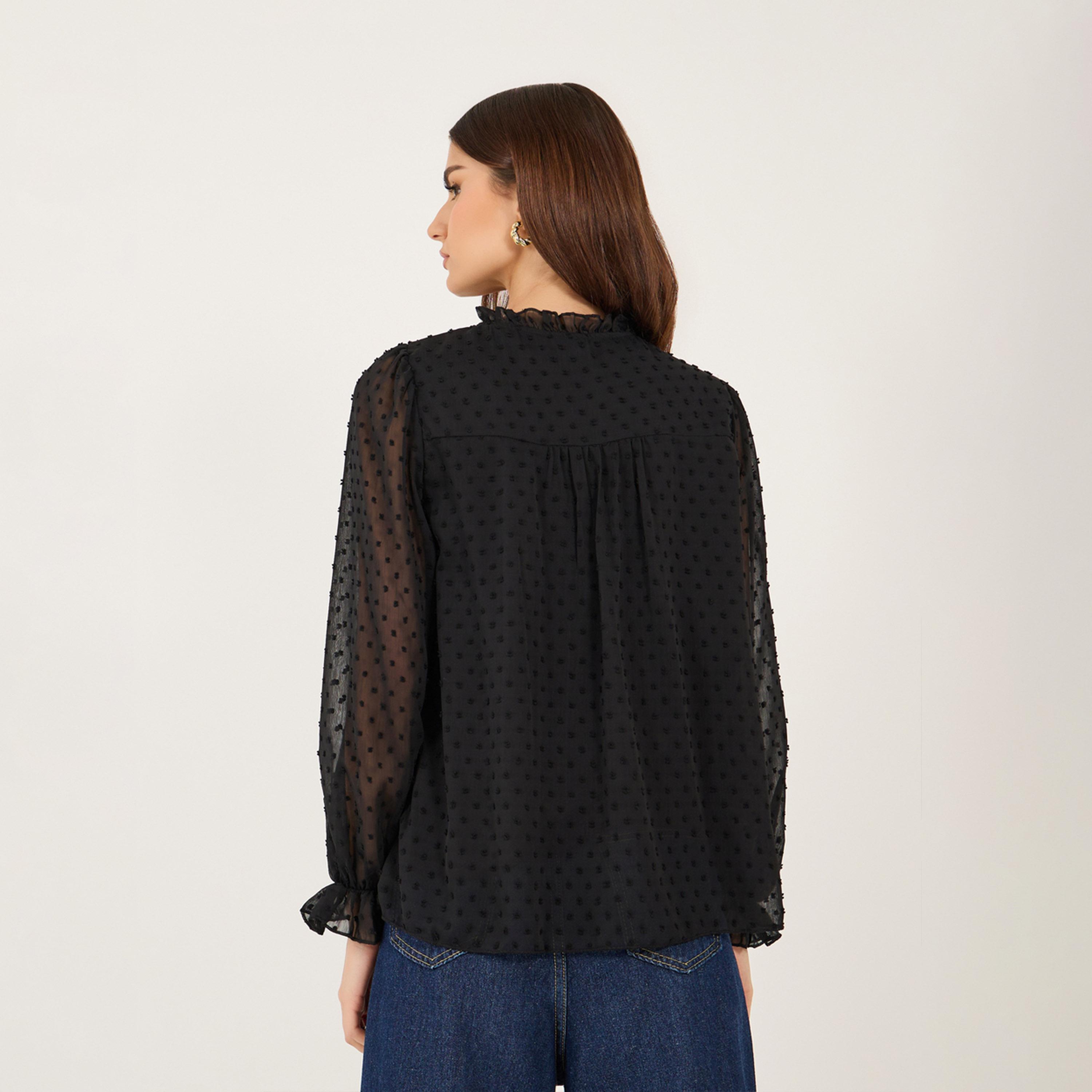 Take Two Textured Dobby Balloon Sleeve Top with Tie Up Neck-women-clothing-shirtsandblouses-blouses-image-4