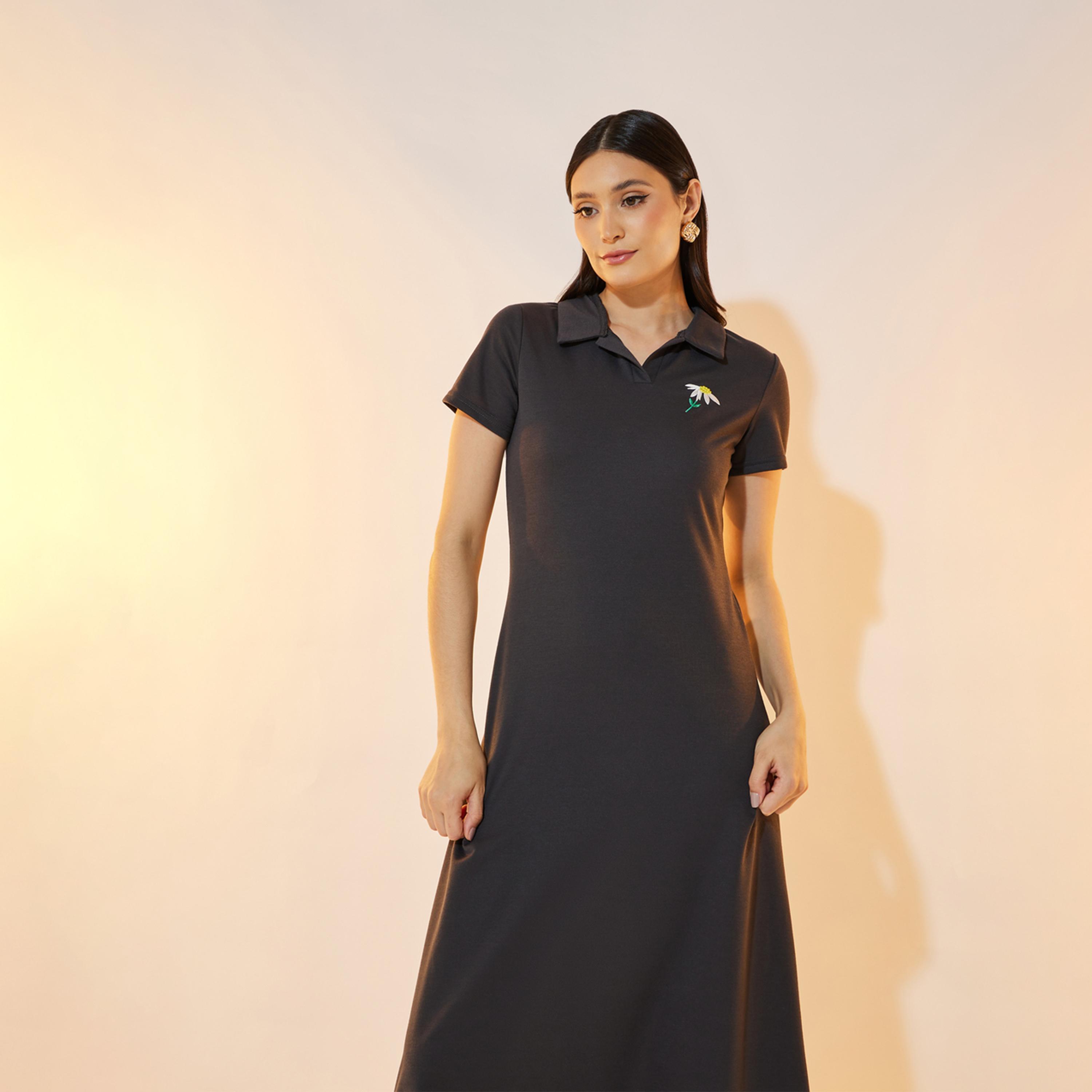 فستان ميدي بياقة بولو وزهرة مُطرّزة-women-clothing-dresses-image-2