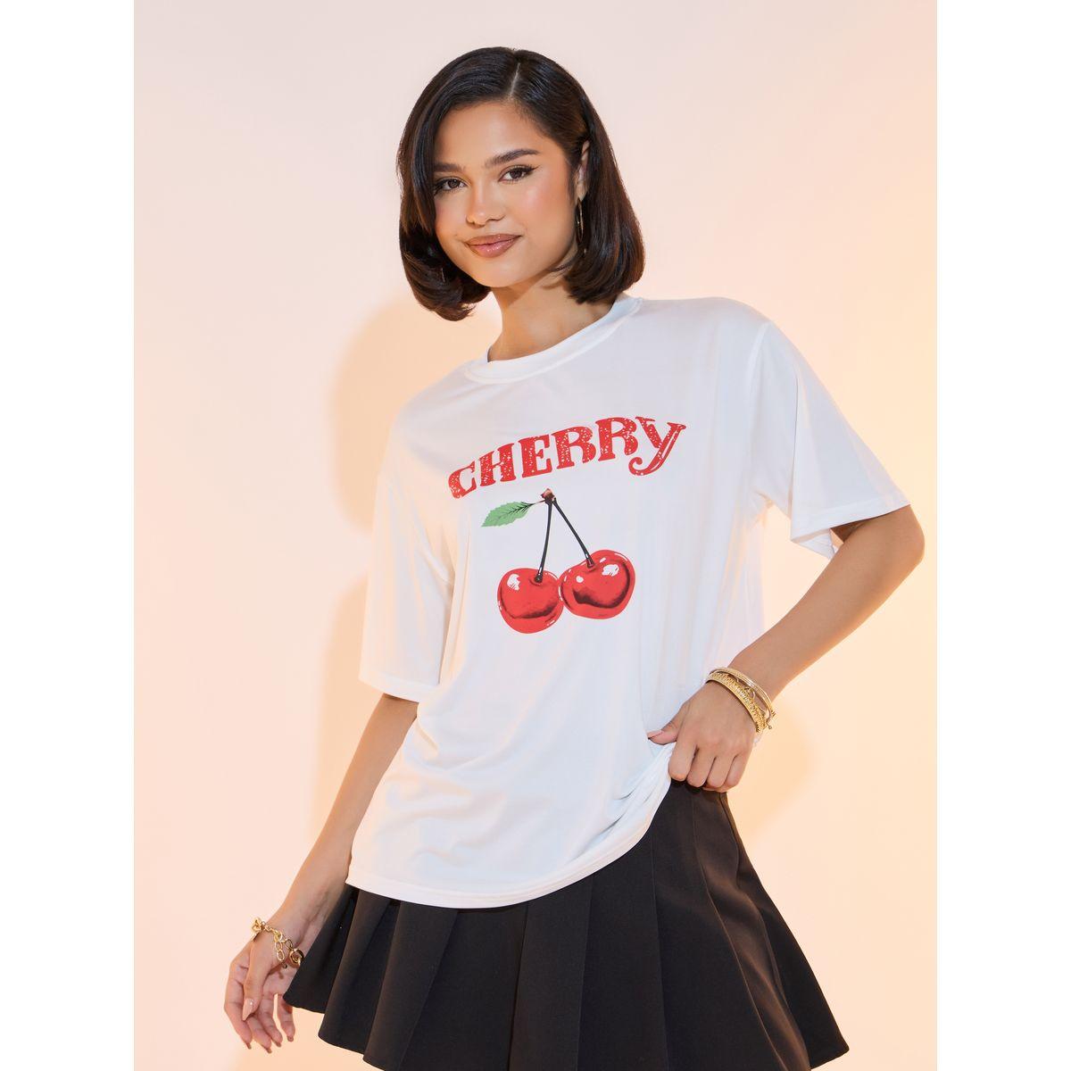 Take Two Slogan Cherry Print Round Neck T-shirt-women-clothing-tshirts-image-1