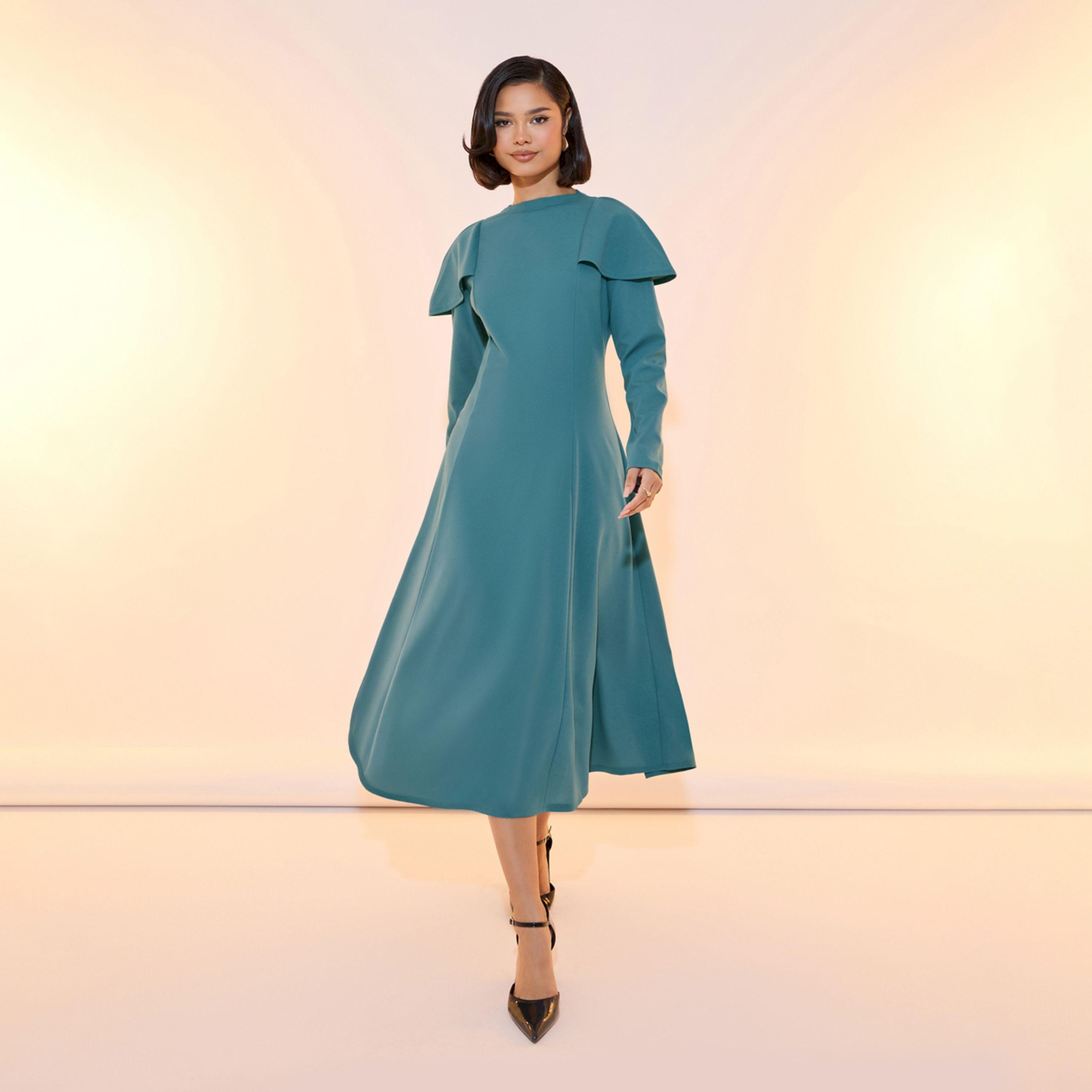 Take Two Solid High Neck Cape Style A-Line Midi Dress-women-clothing-dresses-image-1