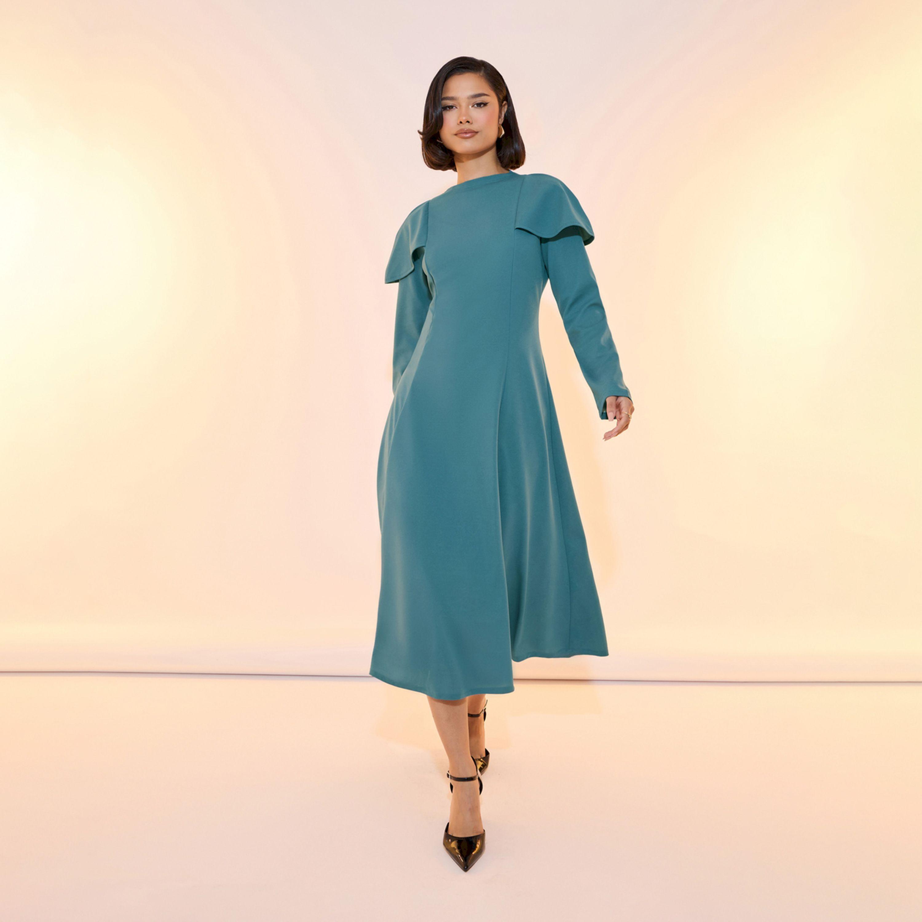 Take Two Solid High Neck Cape Style A-Line Midi Dress-women-clothing-dresses-image-4