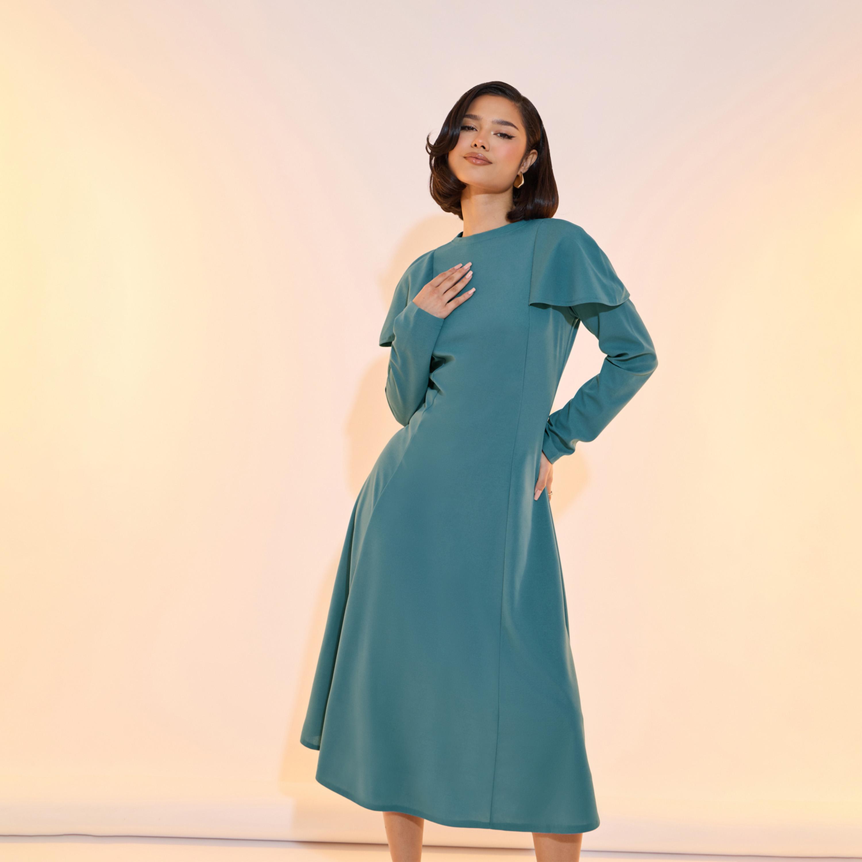Take Two Solid High Neck Cape Style A-Line Midi Dress-women-clothing-dresses-image-5