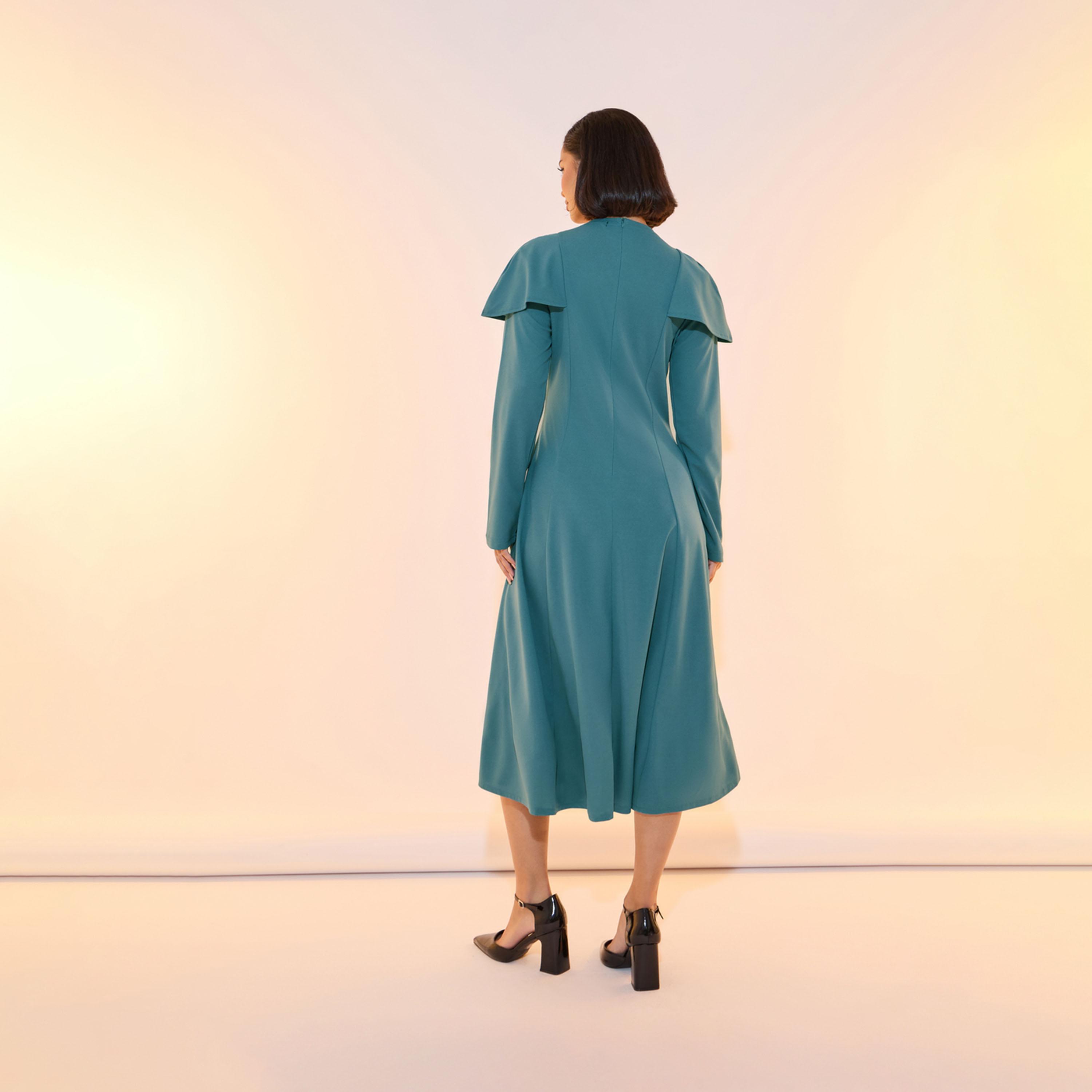 Take Two Solid High Neck Cape Style A-Line Midi Dress-women-clothing-dresses-image-6