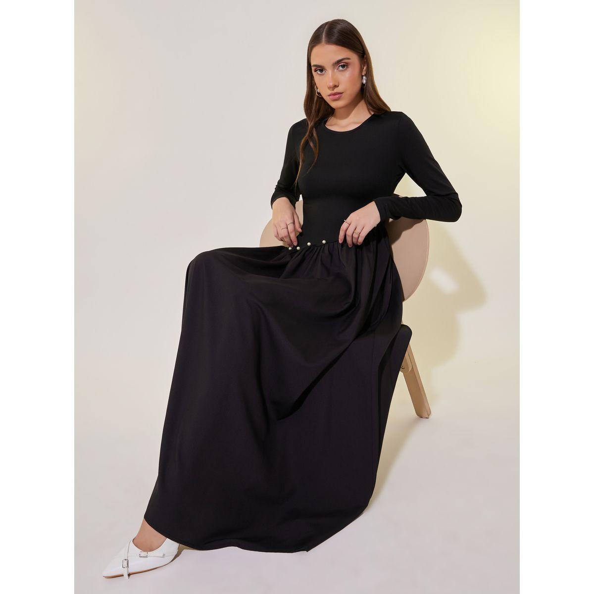 فستان ماكسي بقصة A وطيات وتفاصيل لؤلؤ صناعي-women-clothing-dresses-image-1