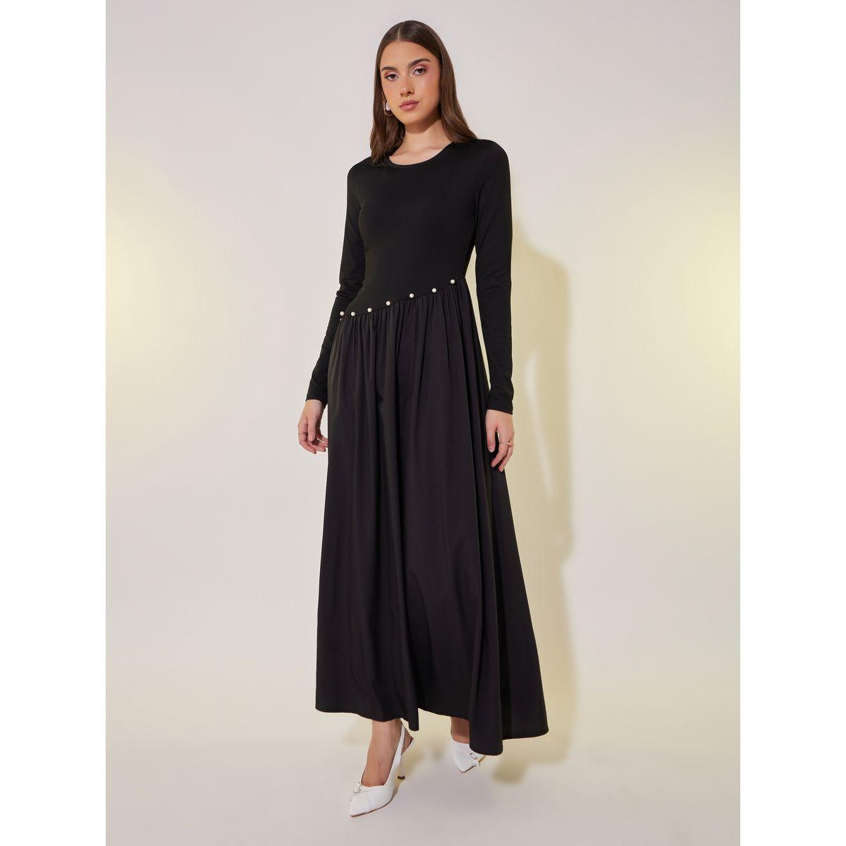 فستان ماكسي بقصة A وطيات وتفاصيل لؤلؤ صناعي-women-clothing-dresses-image-2