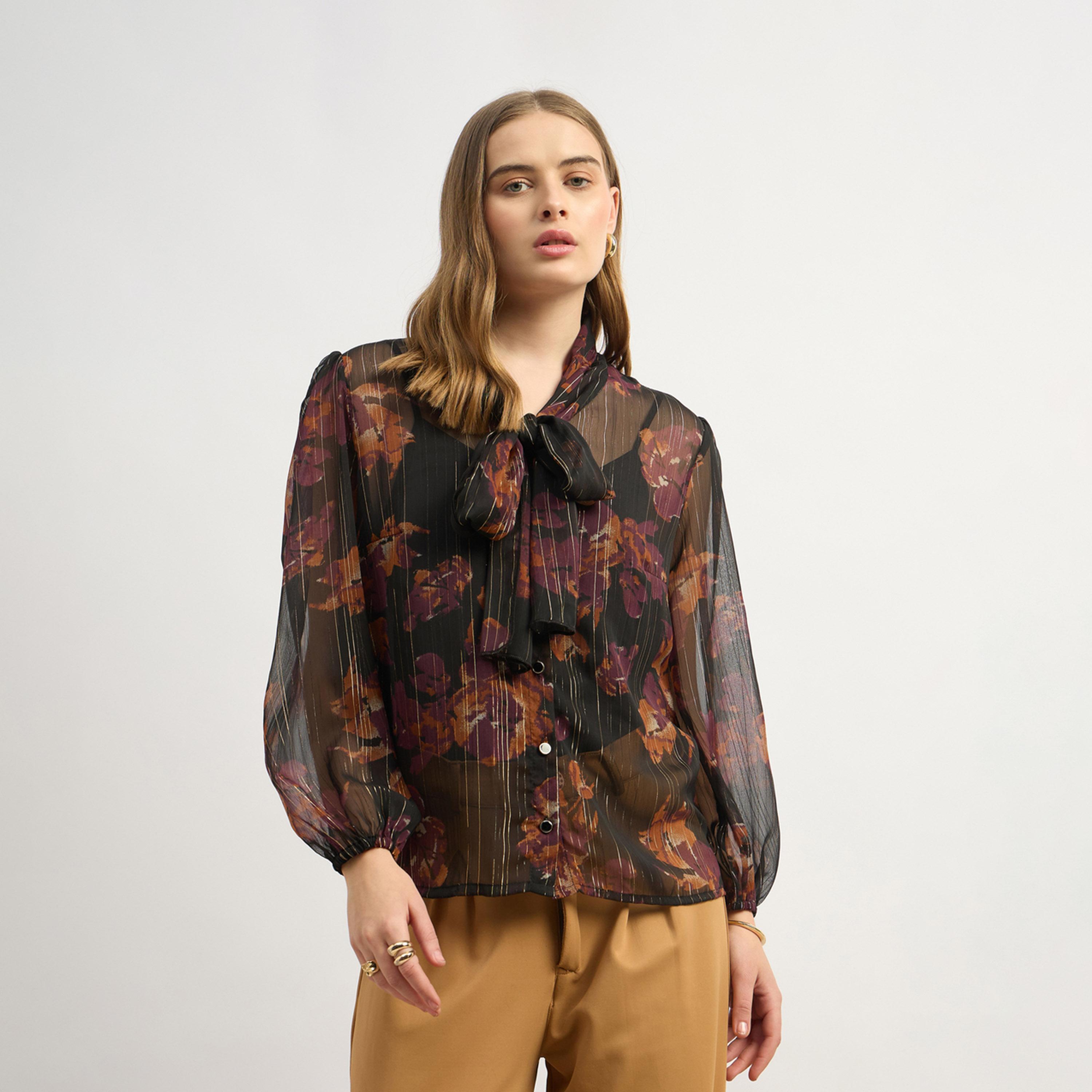 ستايلي - بلوزة مطبوعة بأزرار وأكمام منفوخة على شكل بالون وتفاصيل رباط حول الرقبة-women-clothing-shirtsandblouses-blouses-image-2