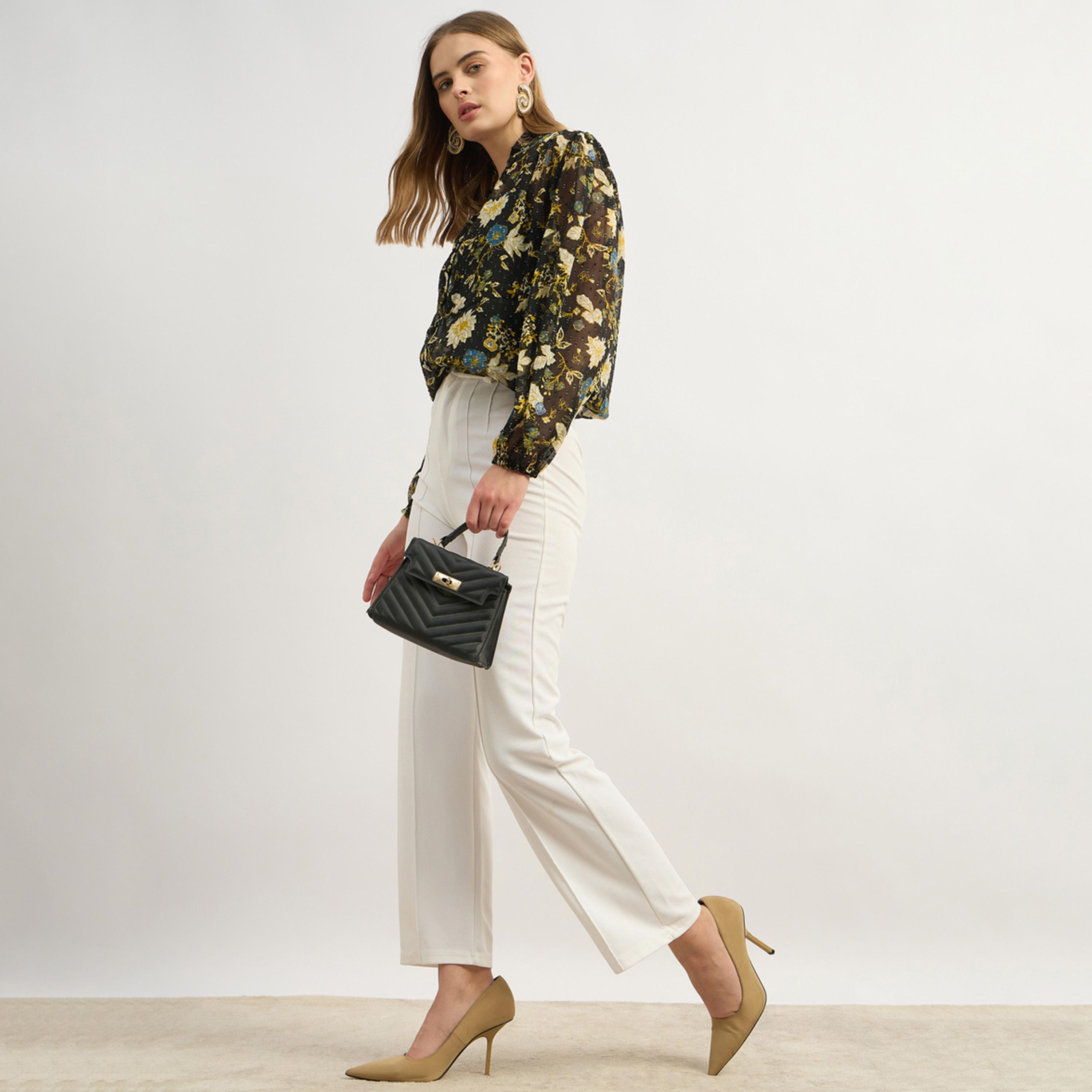 ستايلي - بلوزة مطبوعة بأزرار بأكمام منفوخة ورقبة على شكل حرف V-women-clothing-shirtsandblouses-blouses-image-1