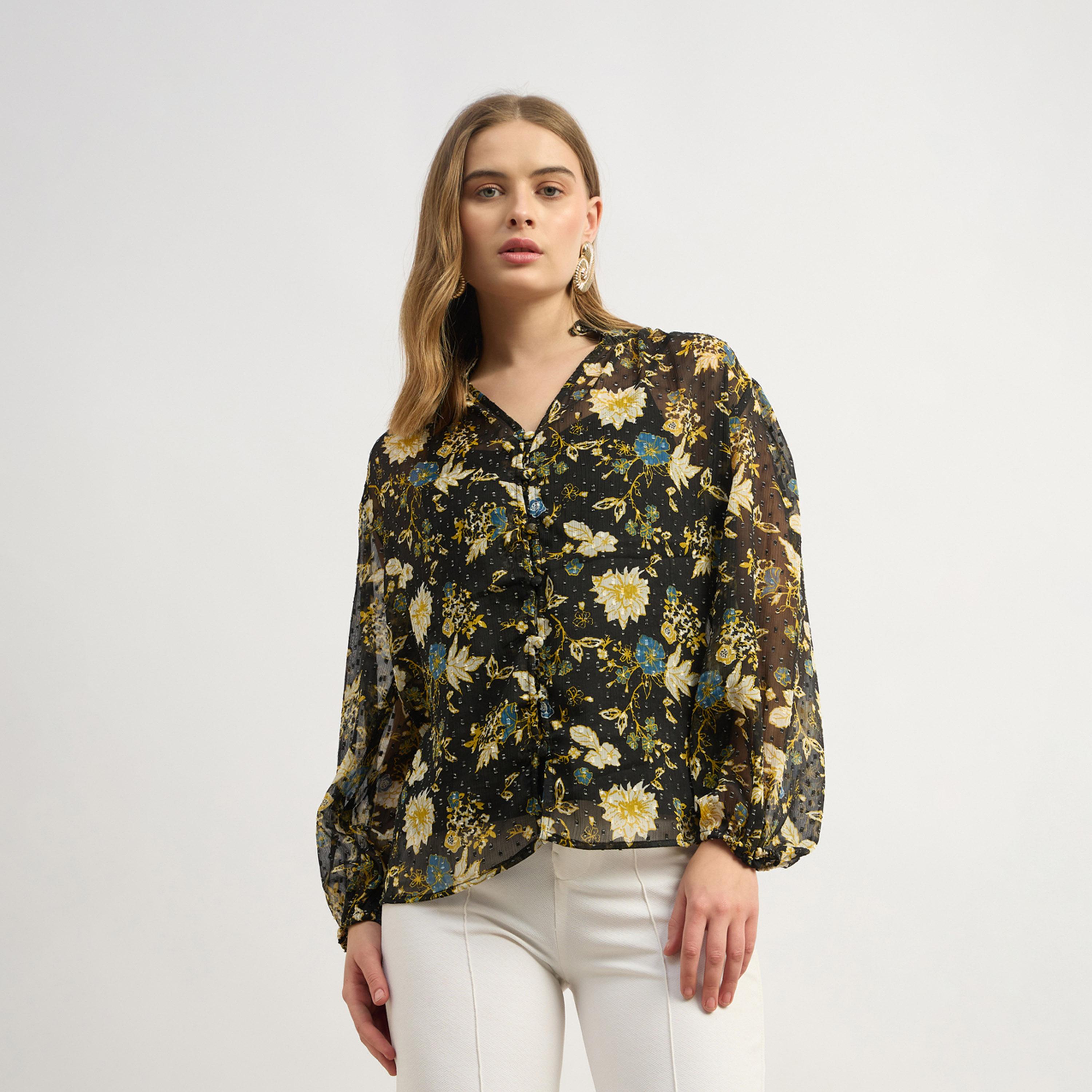Styli Printed Button Down Blouse With Balloon Sleeve And V Neck-women-clothing-shirtsandblouses-blouses-image-2