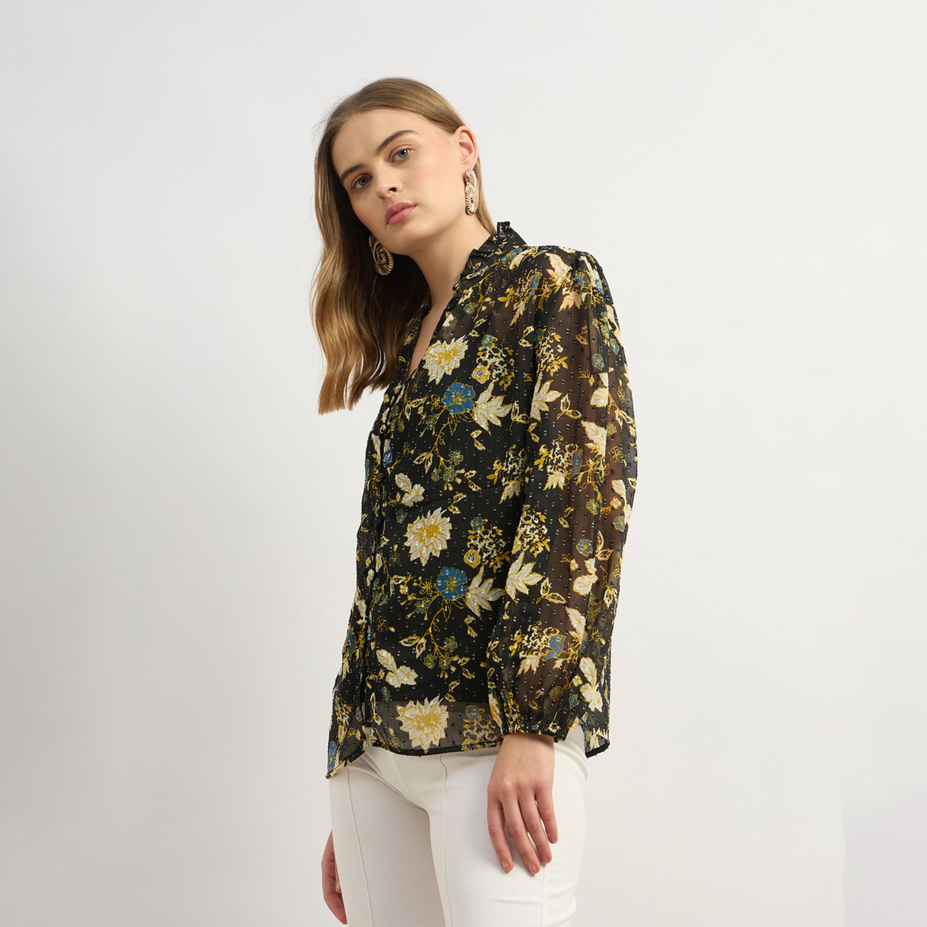 ستايلي - بلوزة مطبوعة بأزرار بأكمام منفوخة ورقبة على شكل حرف V-women-clothing-shirtsandblouses-blouses-image-3