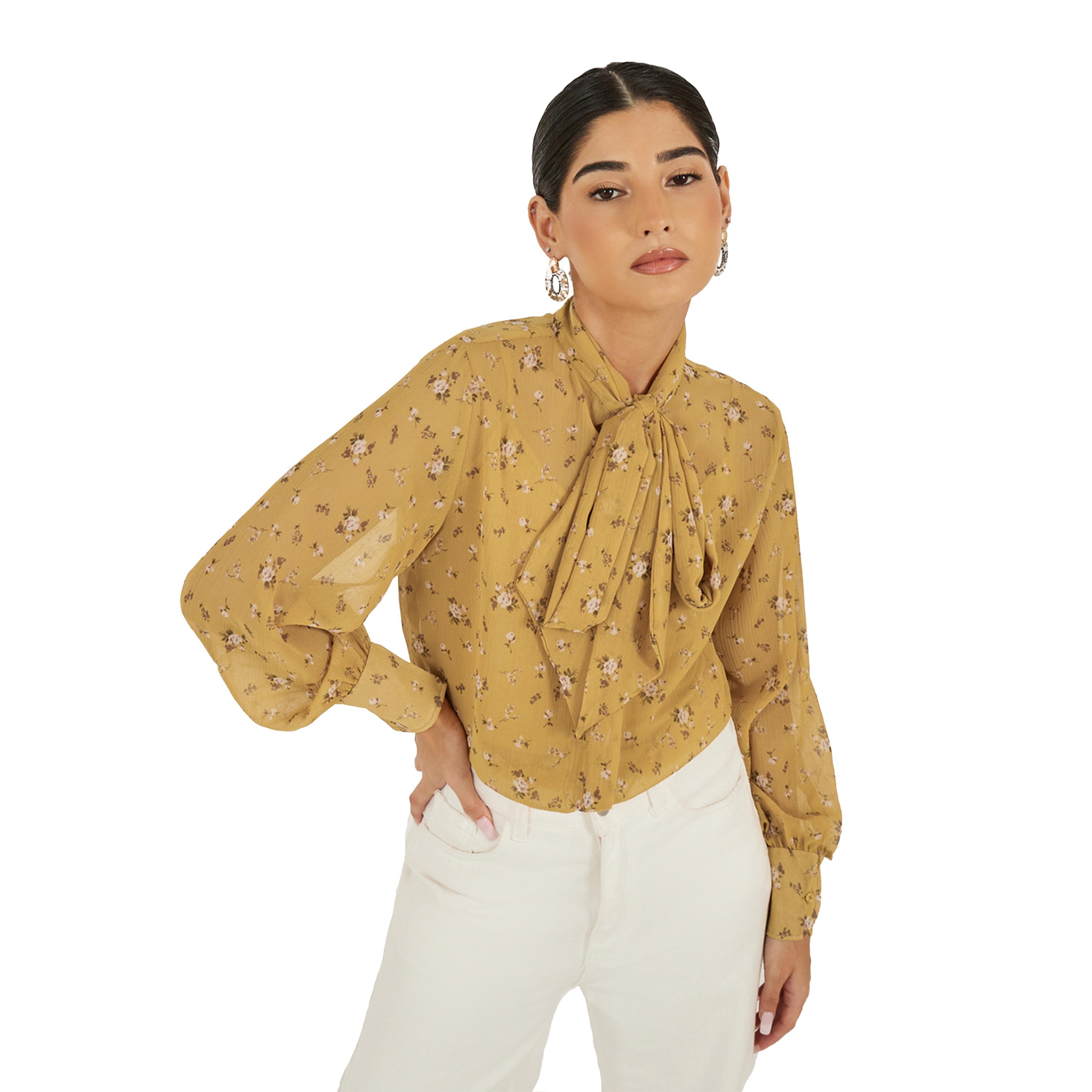 Styli Floral Print Textured Tie-Up Neck Blouse-women-clothing-shirtsandblouses-blouses-image-1