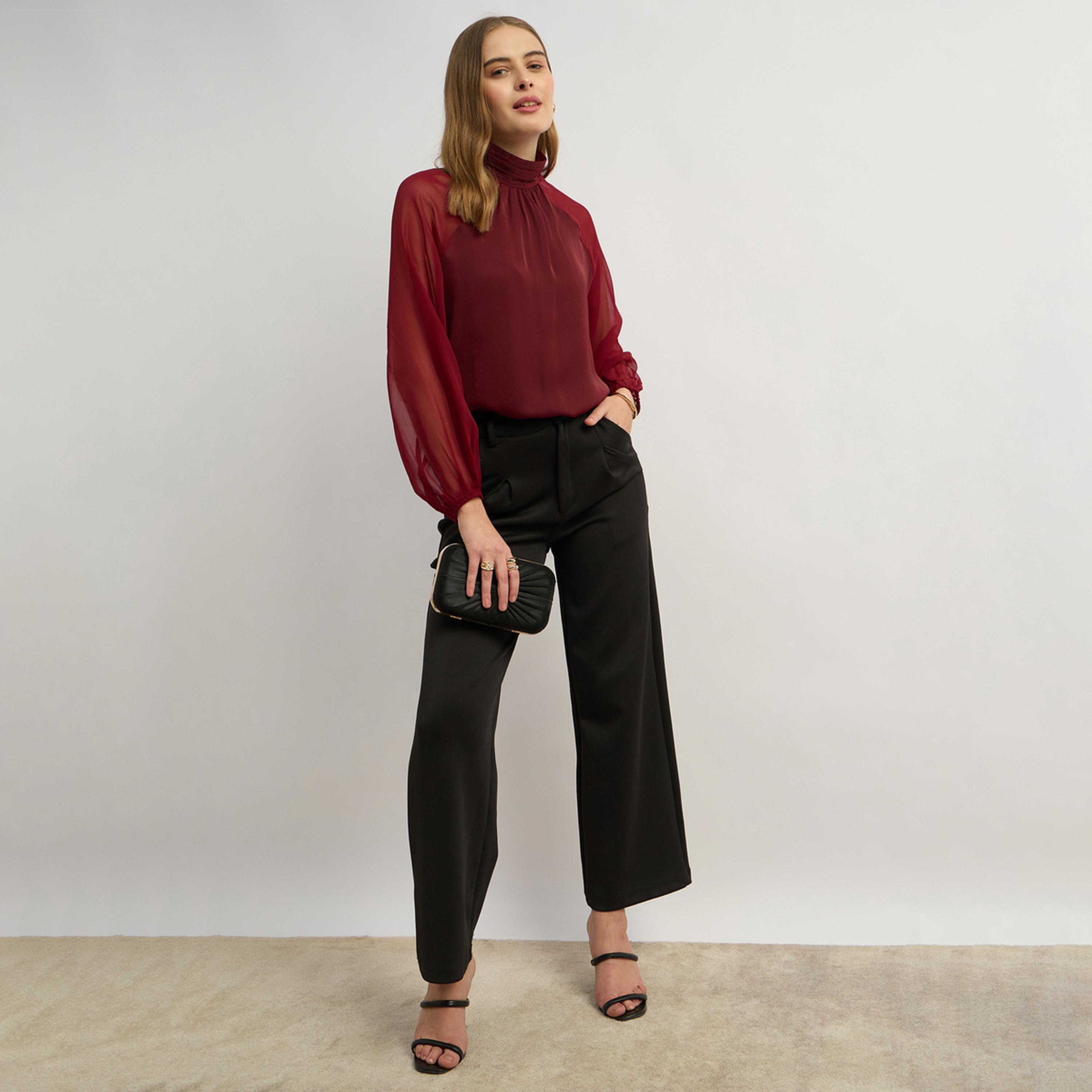 ستايلي - قميص برقبة عالية وأكمام راجلان كاملة وفتحة رقبة خلفية (بدون بلوزة داخلية)-women-clothing-tshirts-image-1