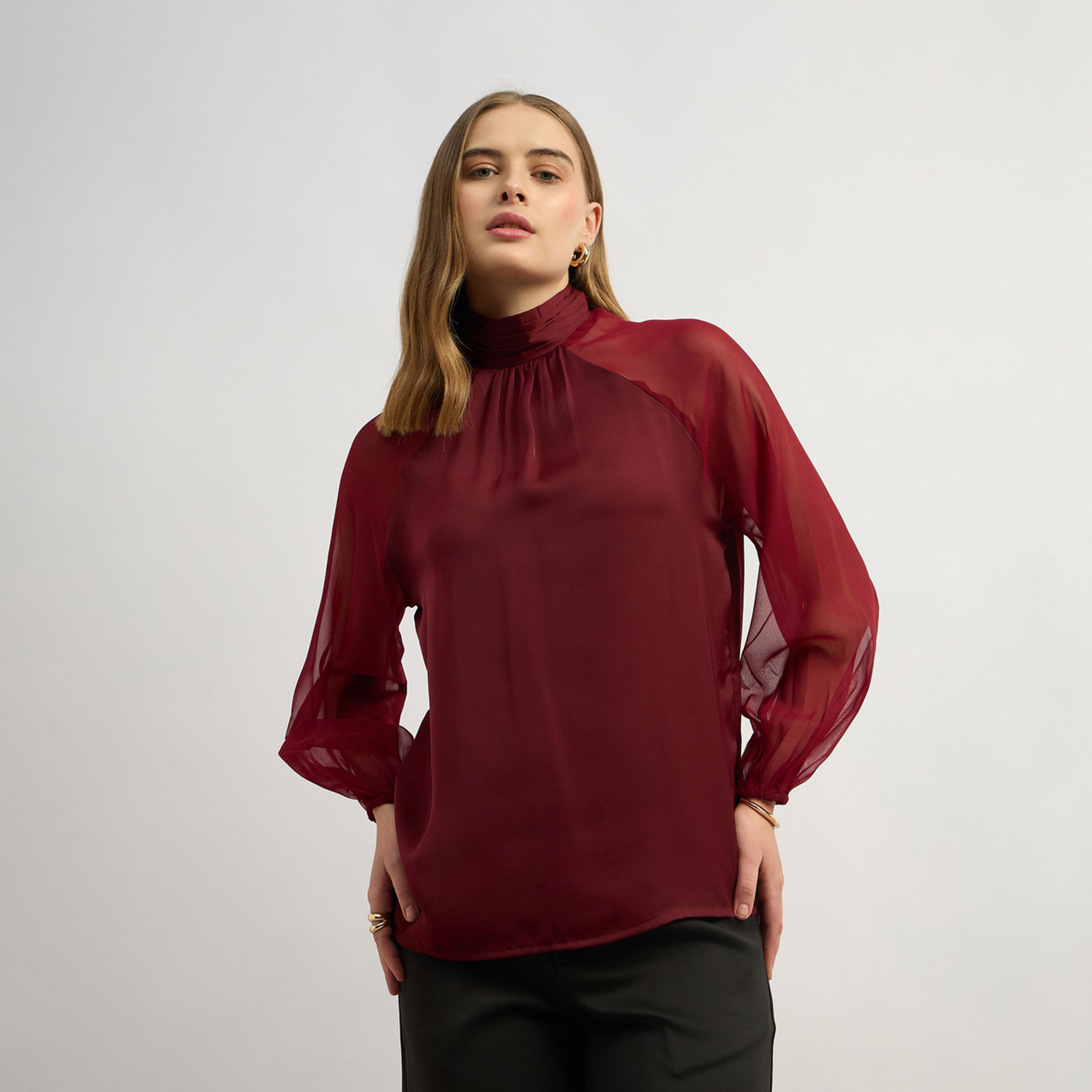 ستايلي - قميص برقبة عالية وأكمام راجلان كاملة وفتحة رقبة خلفية (بدون بلوزة داخلية)-women-clothing-tshirts-image-2