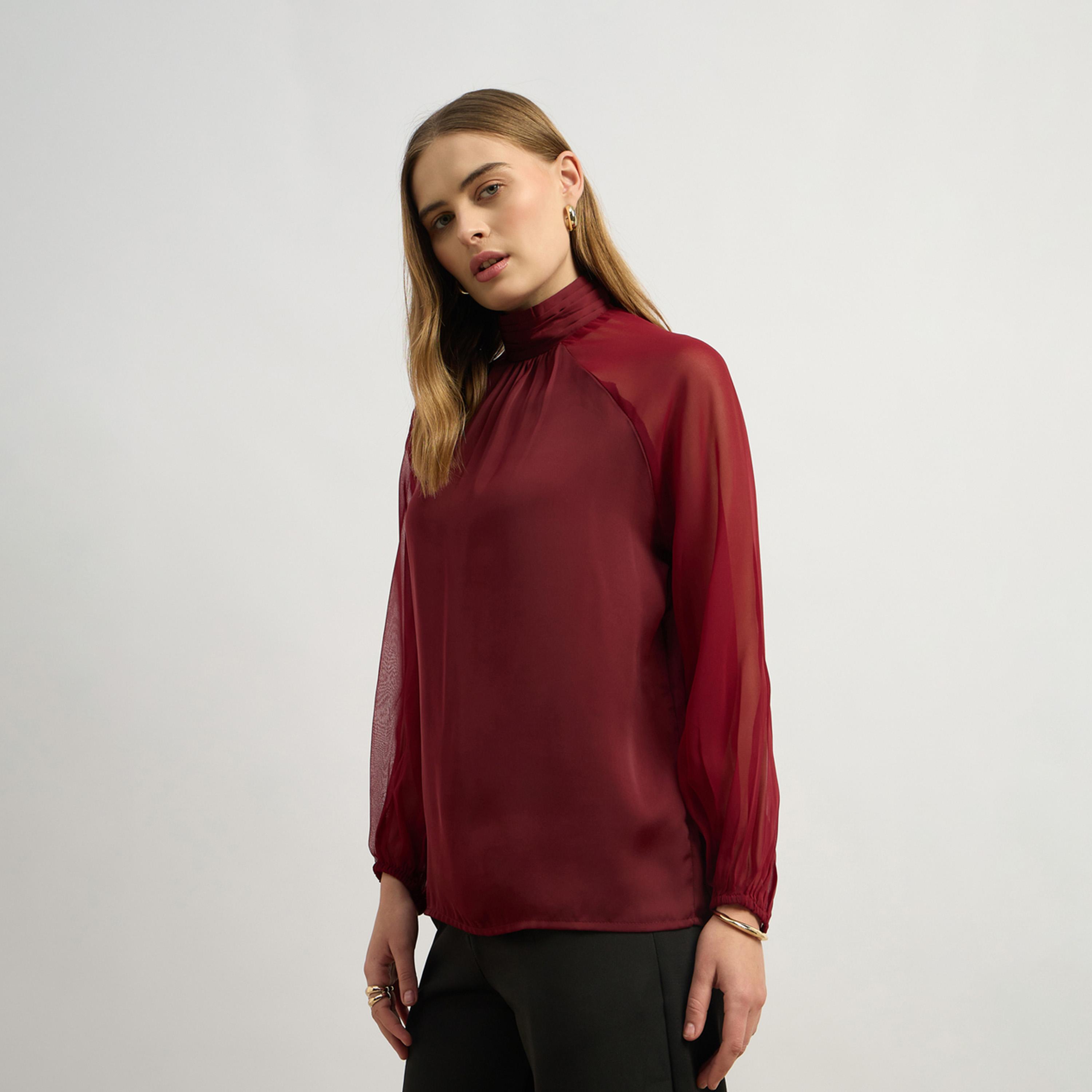 ستايلي - قميص برقبة عالية وأكمام راجلان كاملة وفتحة رقبة خلفية (بدون بلوزة داخلية)-women-clothing-tshirts-image-3