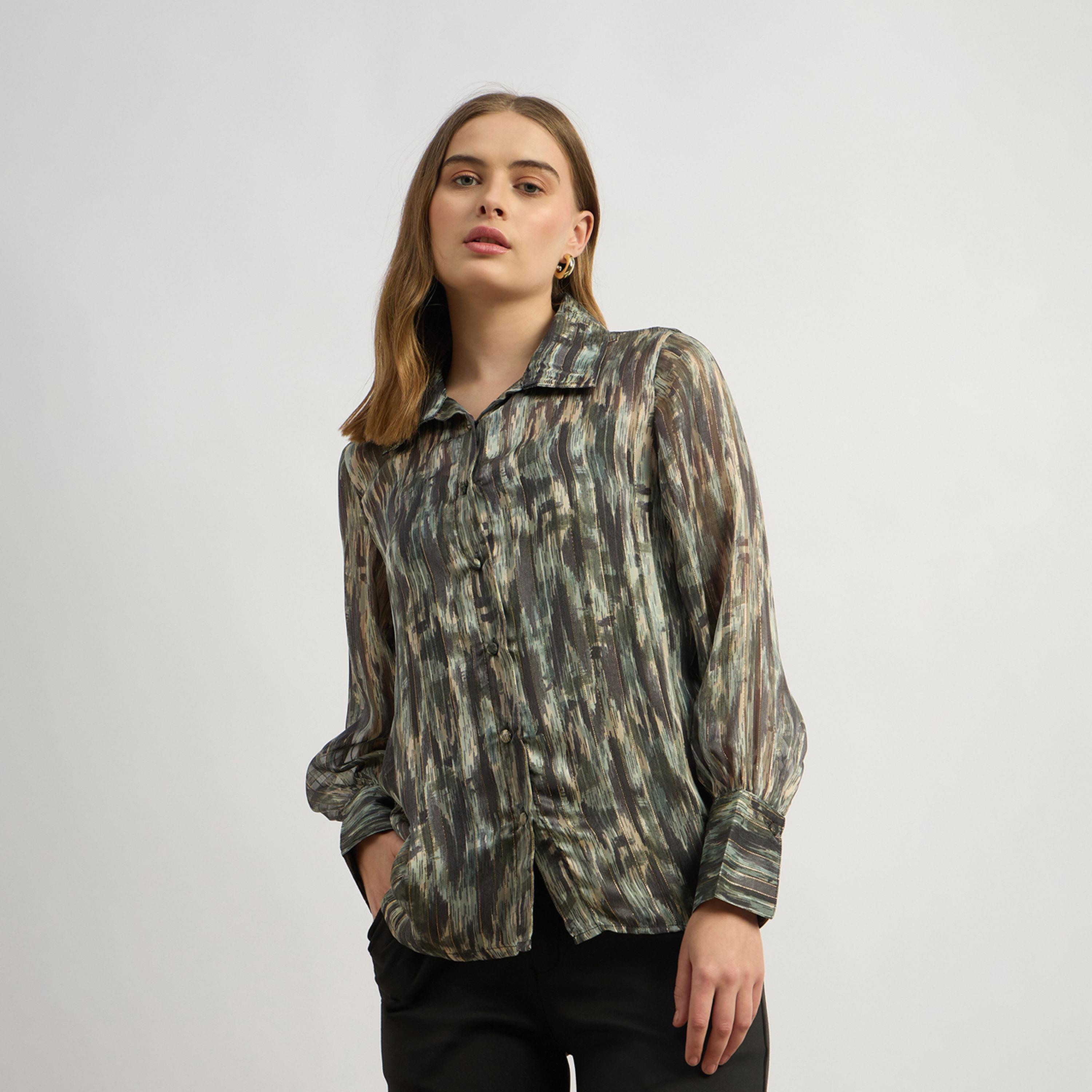 Styli Printed Button Down Blouse With Shirt Collar, V Neck Shape And Balloon Sleeve (W/O Cami)-women-clothing-tshirts-image-2