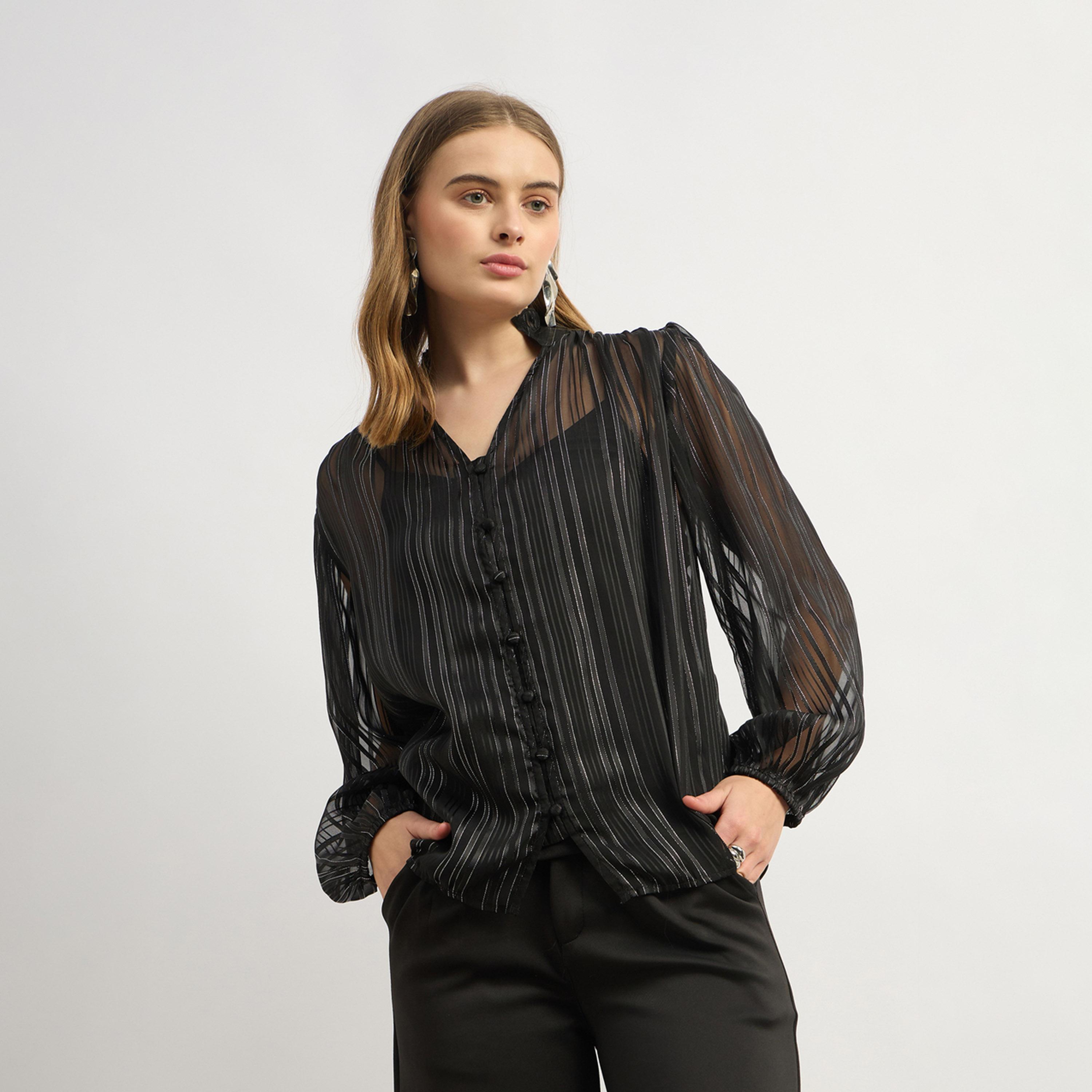 ستايلي - بلوزة فضفاضة بفتحة رقبة على شكل حرف V وأكمام منفوخة (بدون قميص داخلي)-women-clothing-tshirts-image-2
