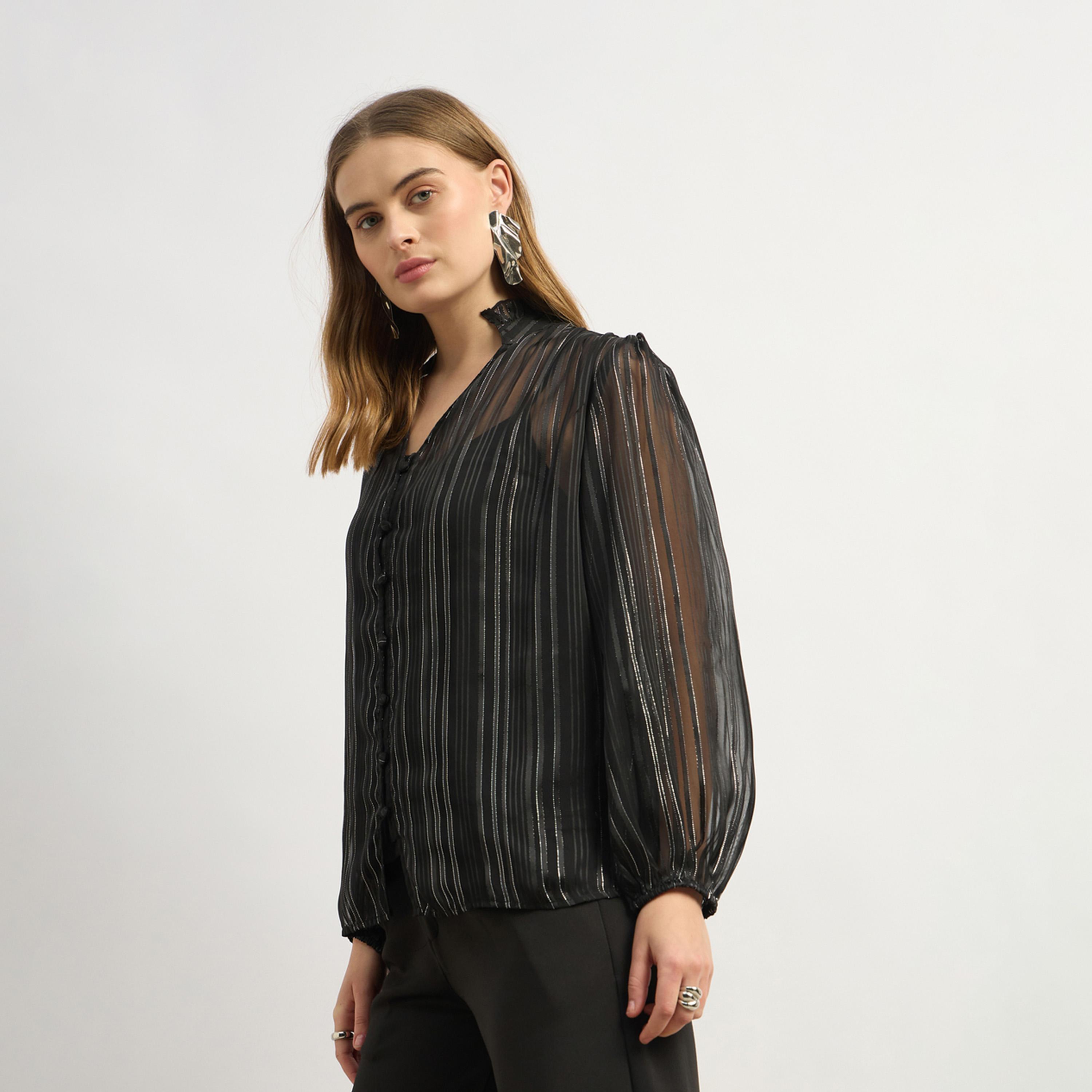 ستايلي - بلوزة فضفاضة بفتحة رقبة على شكل حرف V وأكمام منفوخة (بدون قميص داخلي)-women-clothing-tshirts-image-3
