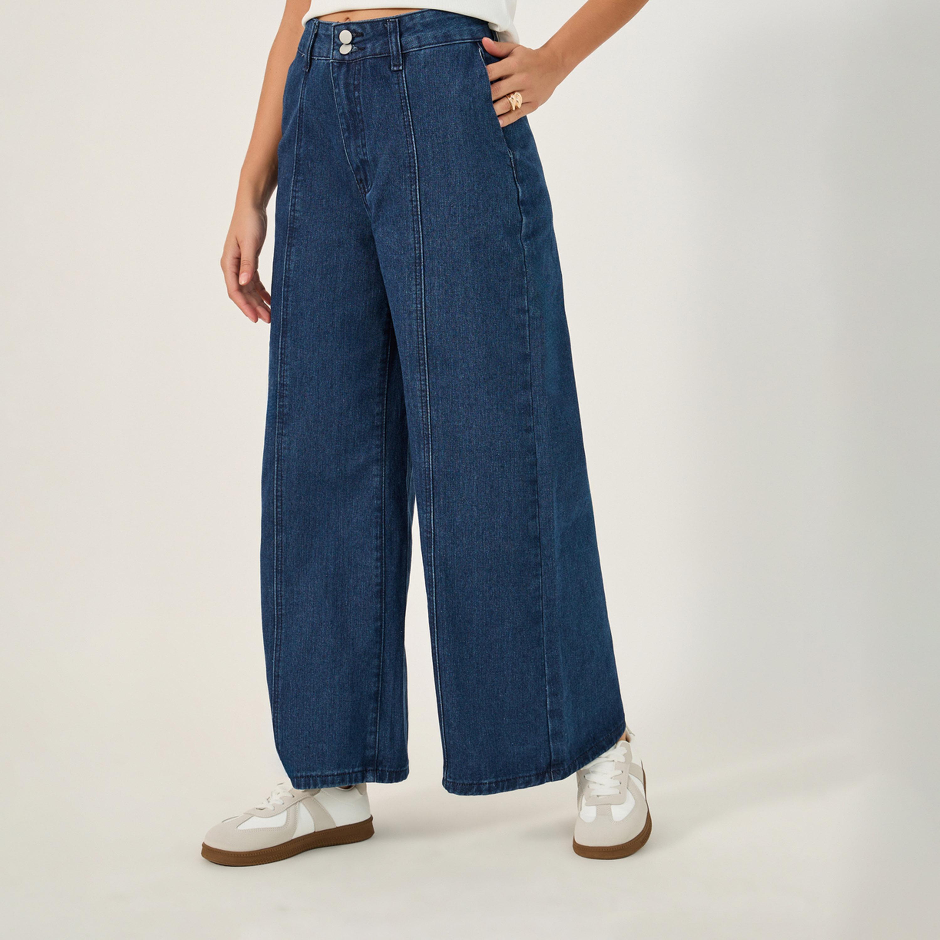 ستايلي - بنطال جينز واسع الساق بخصر مرتفع وتفاصيل ثنيات-women-clothing-bottoms-jeans-image-2