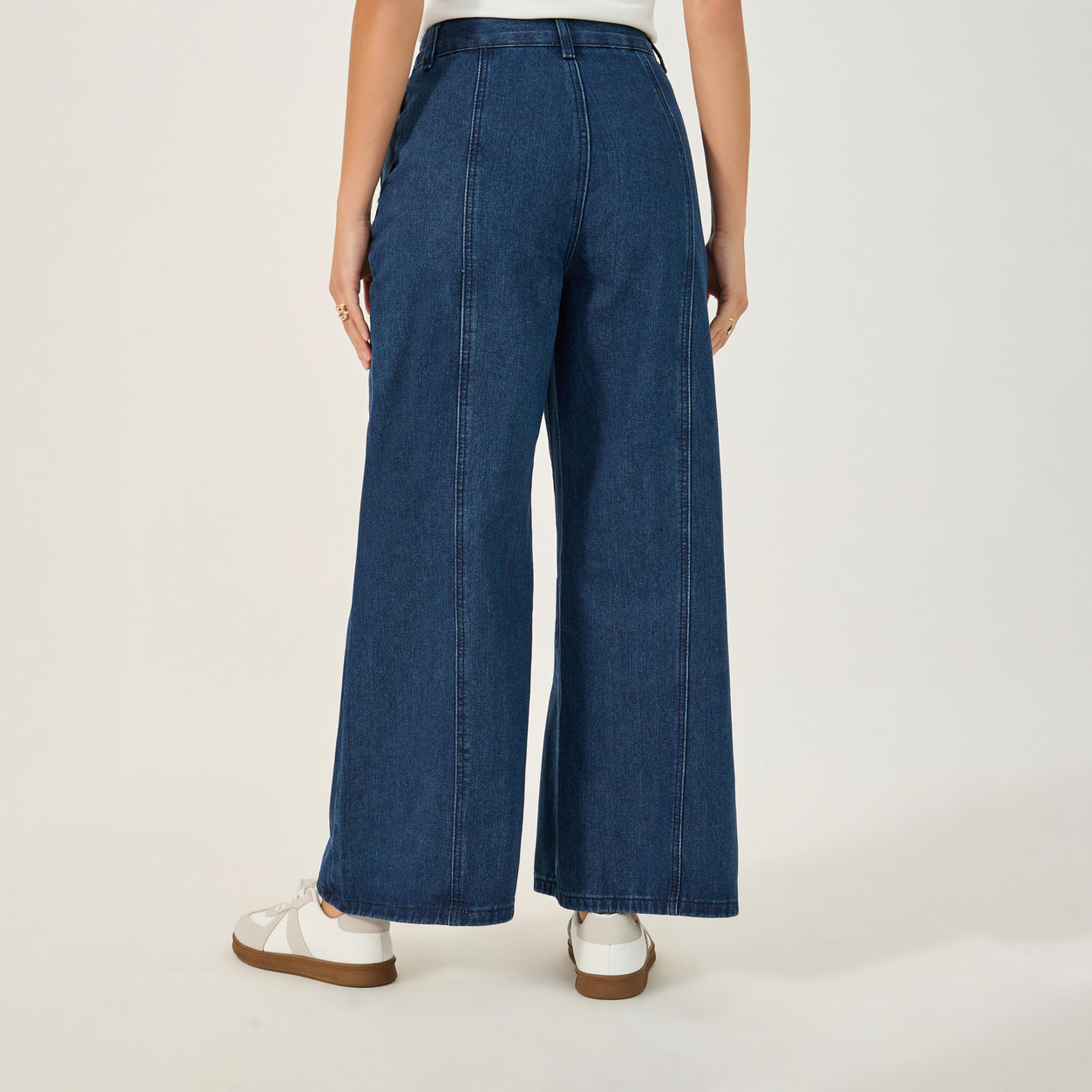 ستايلي - بنطال جينز واسع الساق بخصر مرتفع وتفاصيل ثنيات-women-clothing-bottoms-jeans-image-4