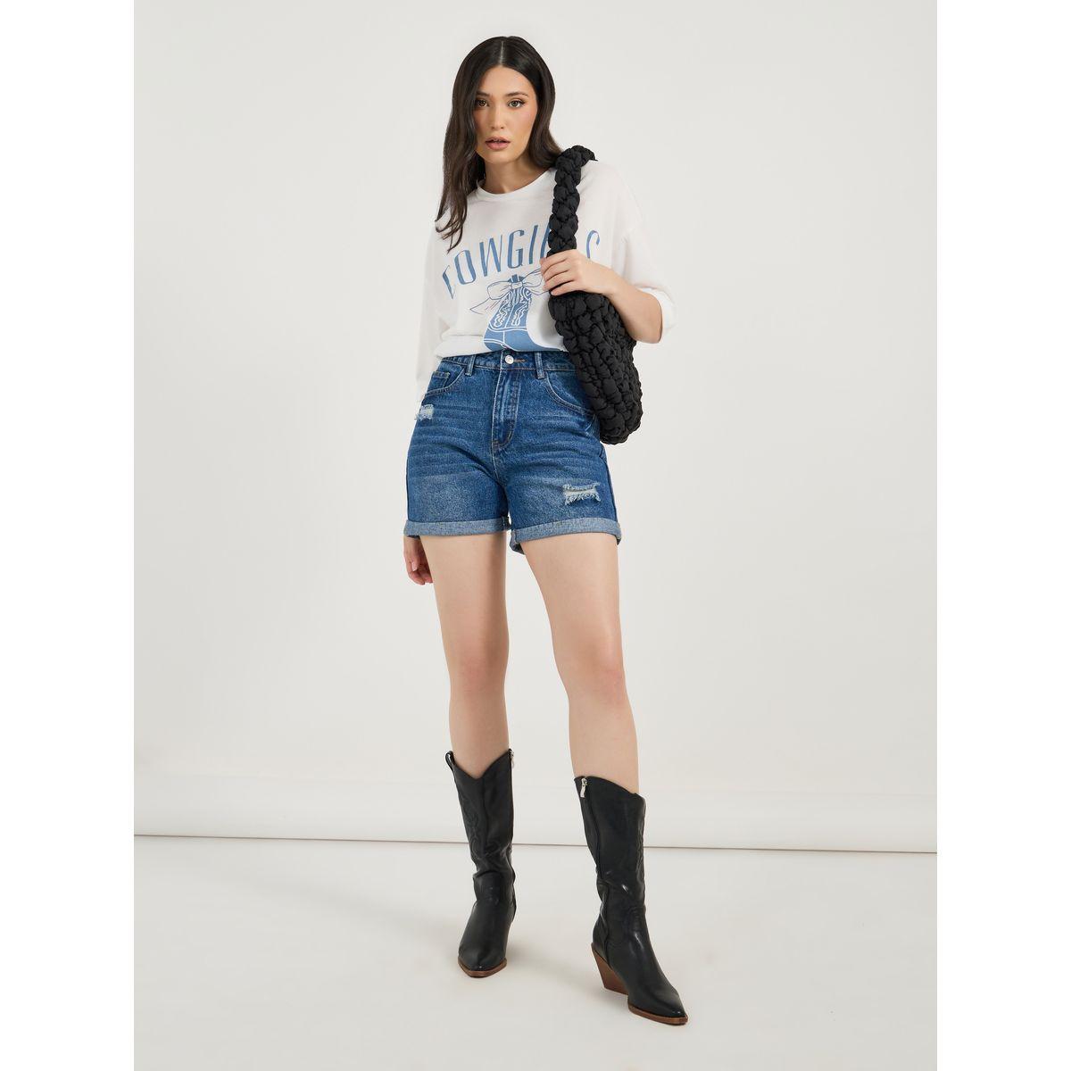 Styli Light Distress Mid Rise Denim Shorts with Pockets-women-clothing-bottoms-shorts-image-1