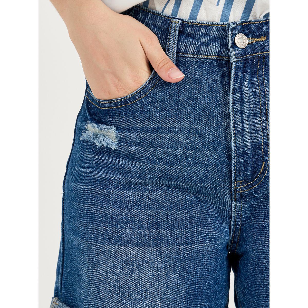 Styli Light Distress Mid Rise Denim Shorts with Pockets-women-clothing-bottoms-shorts-image-3