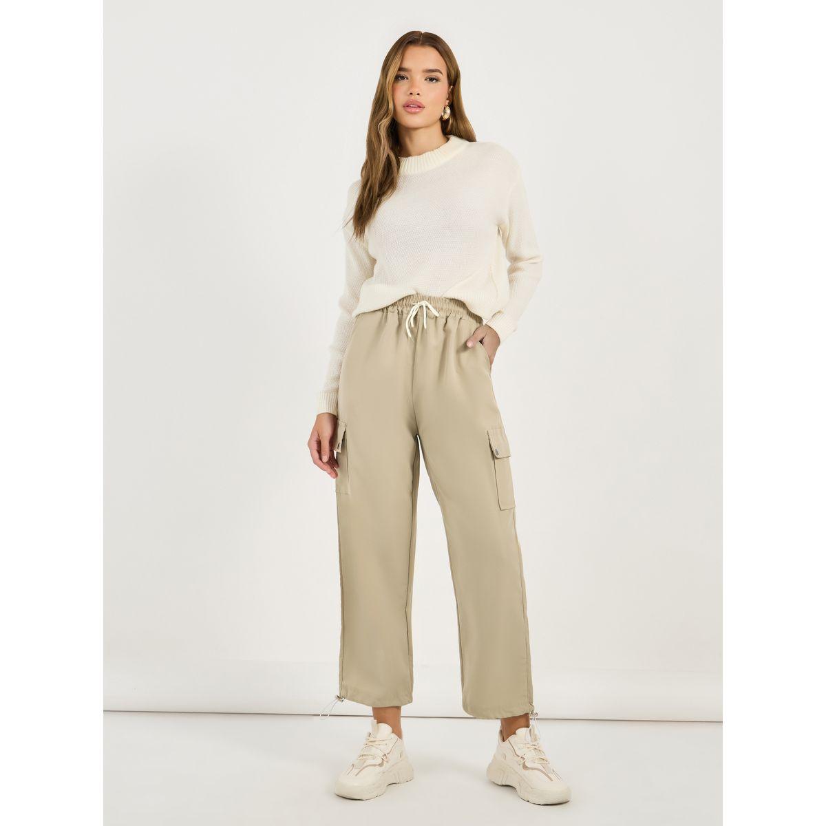 بنطال كارجو سادة بخصر مطاطي وأربطة-women-clothing-bottoms-joggers-image-1